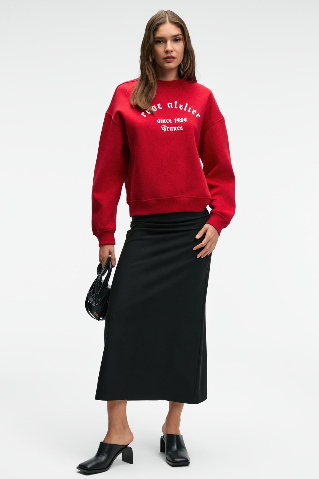 MOREVESSA Kadın Regular Fit Baskı Detaylı Yuvarlak Yakalı Kırmızı Sweatshirt