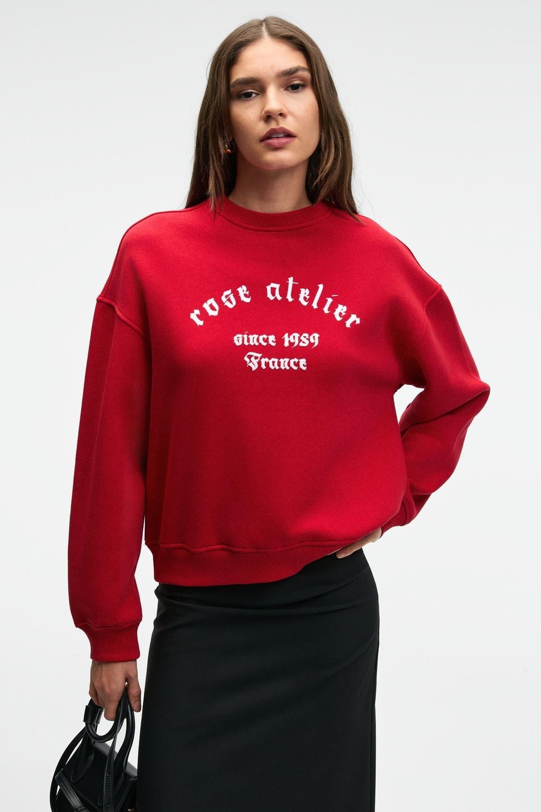 MOREVESSA Kadın Regular Fit Baskı Detaylı Yuvarlak Yakalı Kırmızı Sweatshirt