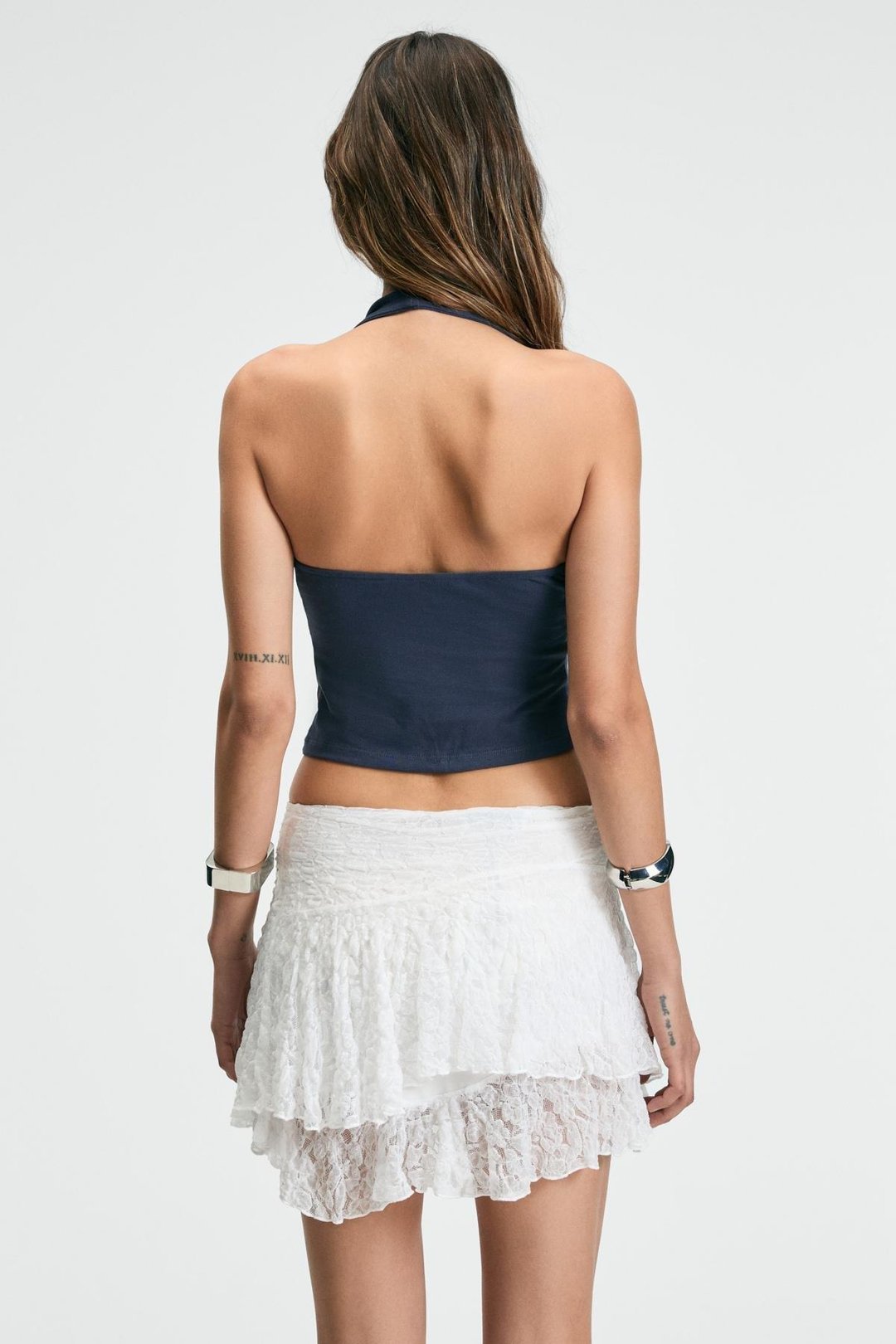 MORIENNE Kadın Halter Yaka Kalın Askılı Sırtı Açık Crop Lacivert Bluz