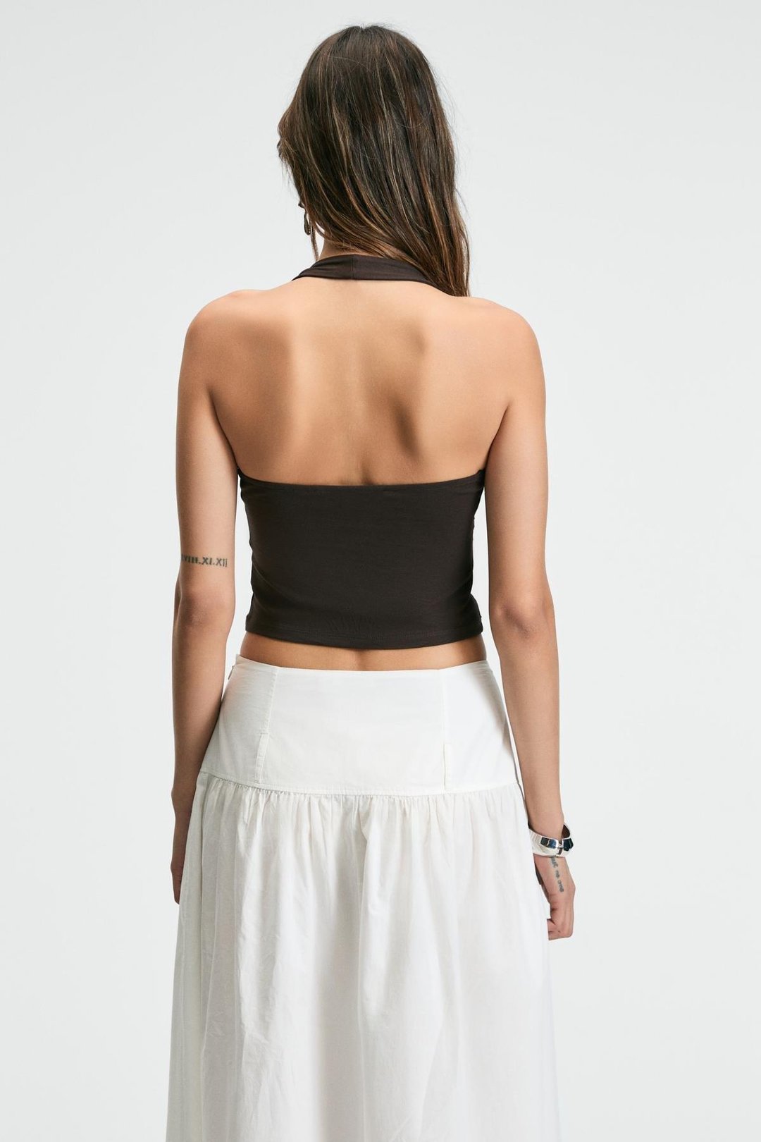 MORIENNE Kadın Halter Yaka Kalın Askılı Sırtı Açık Crop Kahverengi Bluz