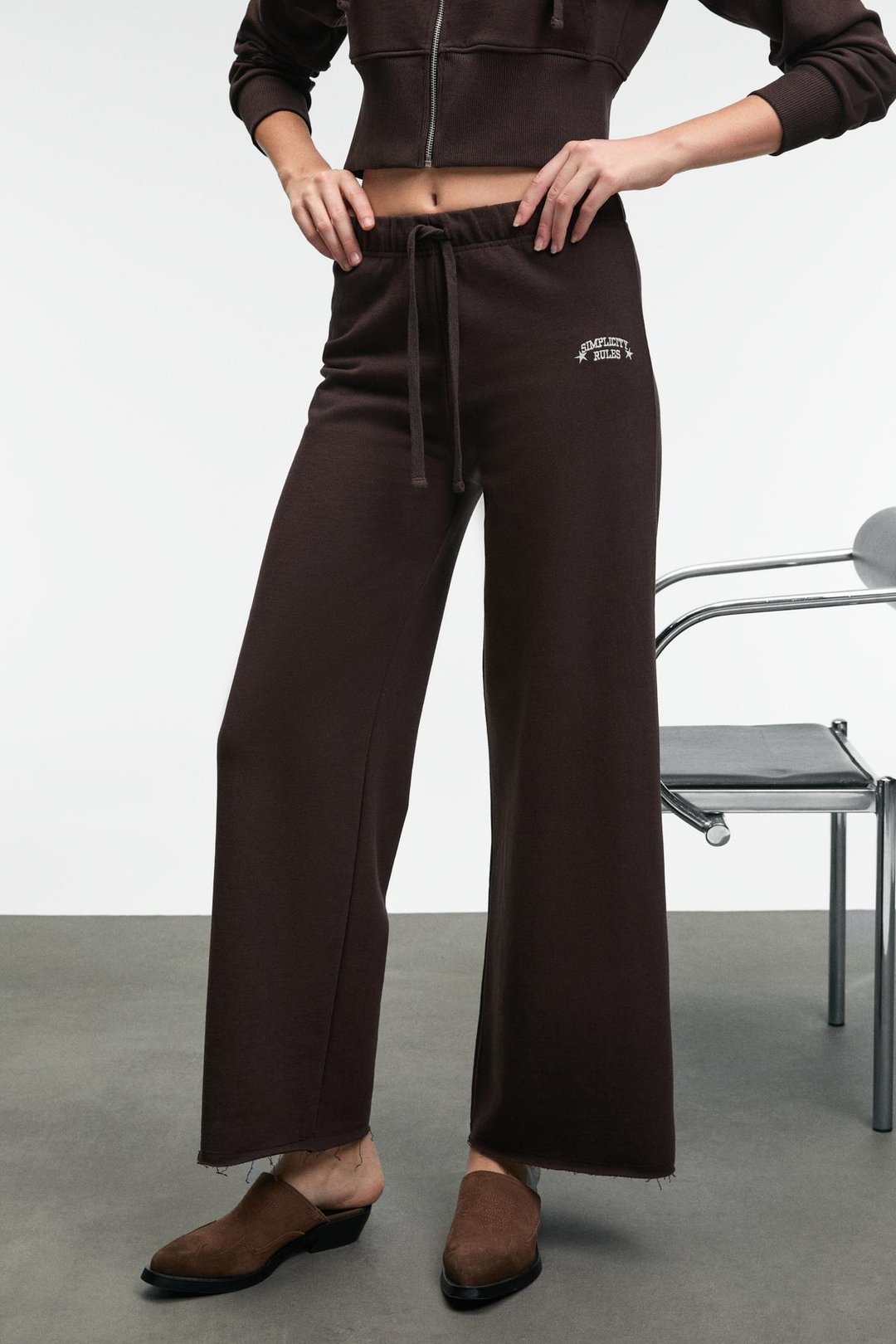 MORVELLA Kadın Nakışlı Regular Fit Koyu Kahverengi Eşofman Altı