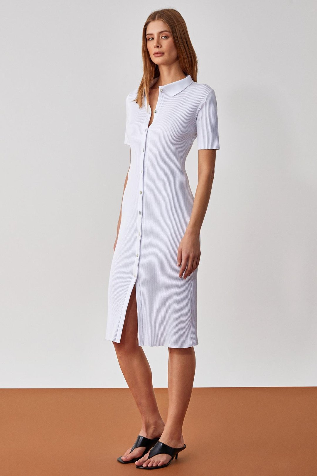 MOUNTYA Kadın Düğmeli Slim Gömlek Yaka Beyaz Elbise