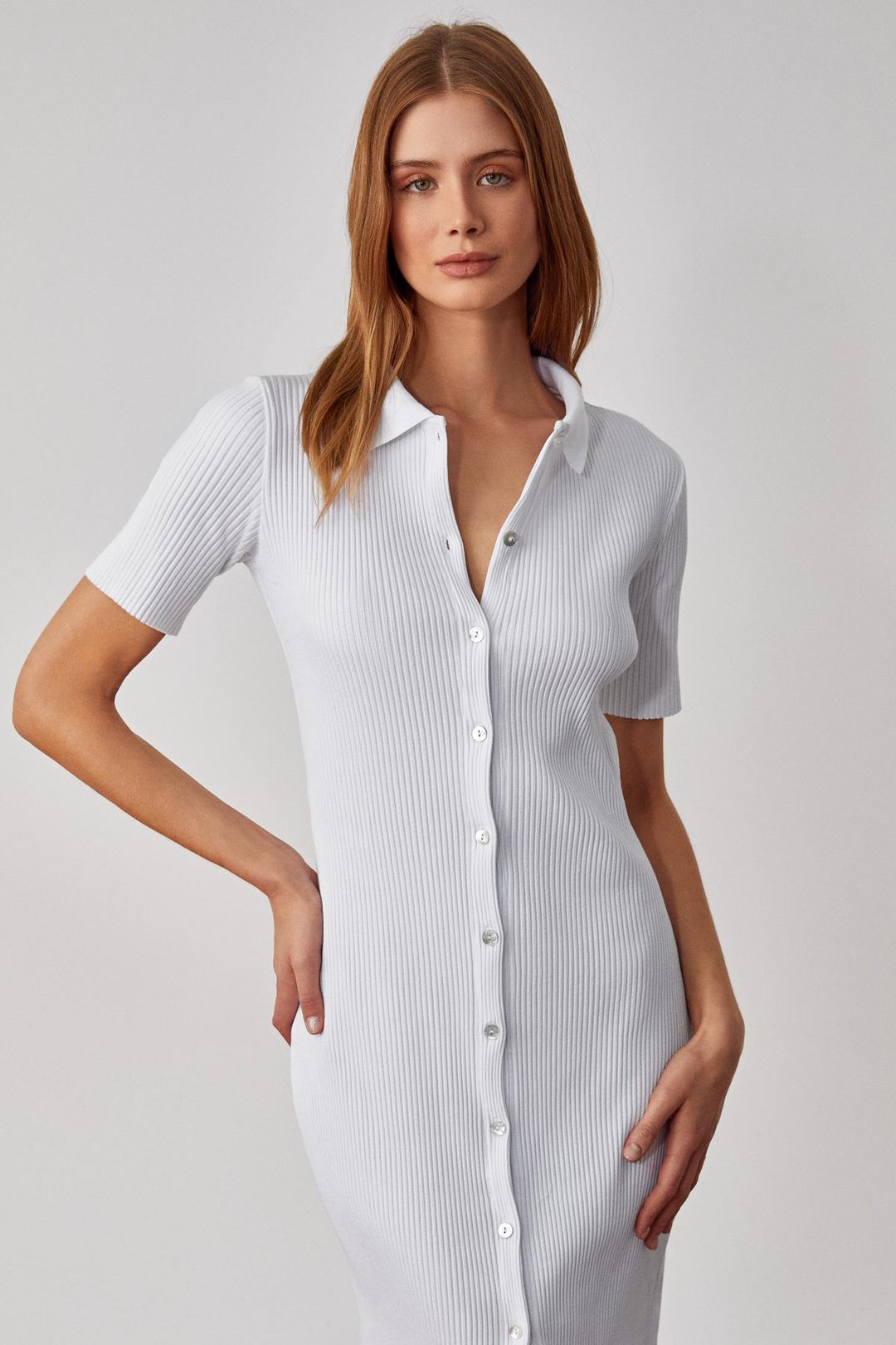 MOUNTYA Kadın Düğmeli Slim Gömlek Yaka Beyaz Elbise