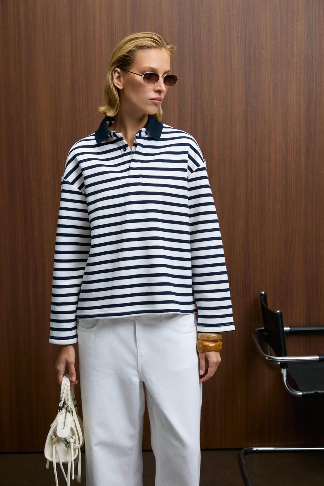 MUSE Kadın Çizgili Triko Polo Yakalı Regular Fit Lacivert Sweatshirt