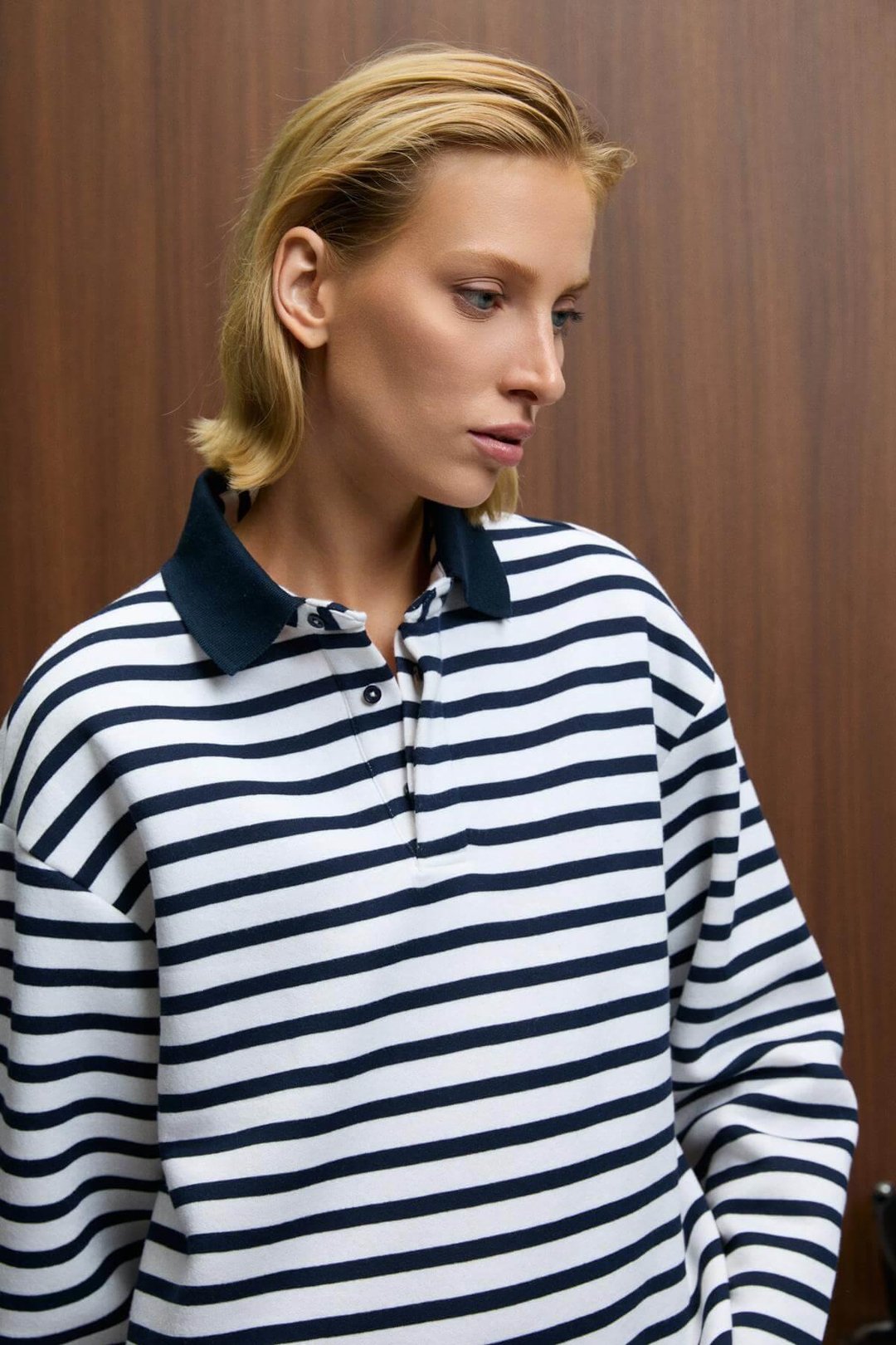 MUSE Kadın Çizgili Triko Polo Yakalı Regular Fit Lacivert Sweatshirt