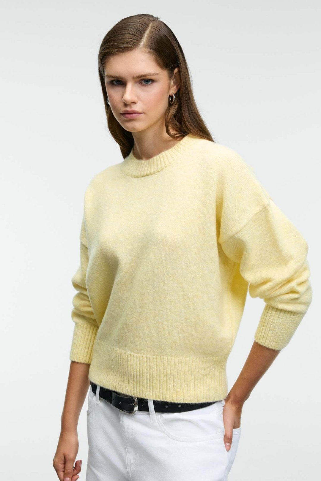 NANNA Kadın Oversize Fit Yumuşacık Kaşmir Tuşesinde Bisiklet yaka Kalın Triko Sarı Kazak