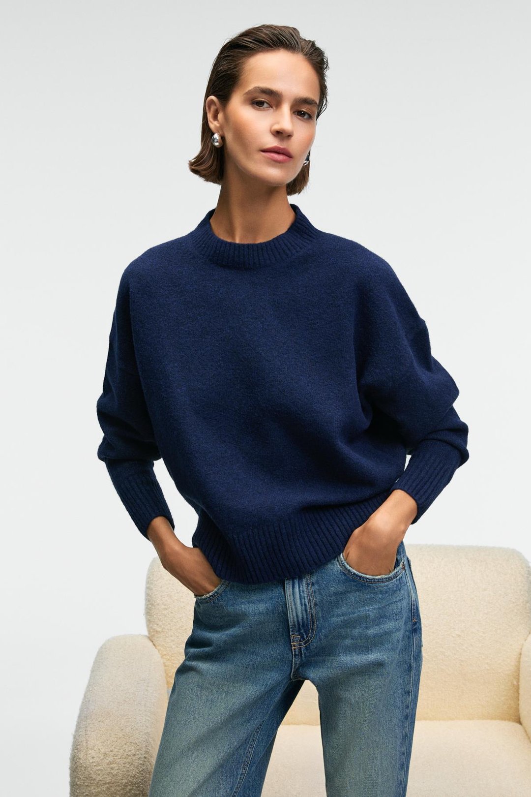 NANNA Kadın Oversize Fit Yumuşacık Kaşmir Tuşesinde Bisiklet yaka Kalın Triko Lacivert Kazak