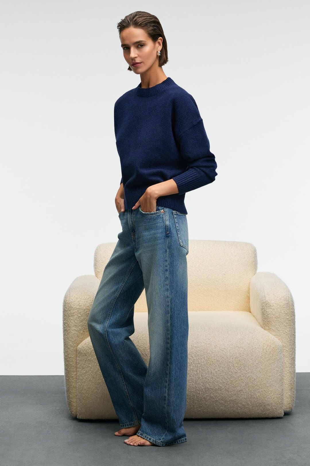 NANNA Kadın Oversize Fit Yumuşacık Kaşmir Tuşesinde Bisiklet yaka Kalın Triko Lacivert Kazak