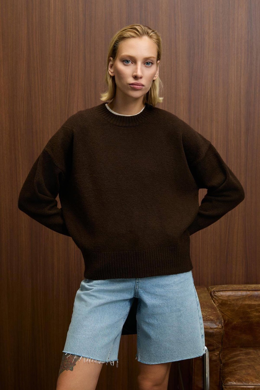 NANNA Kadın Oversize Fit Yumuşacık Kaşmir Tuşesinde Bisiklet yaka Kalın Triko Kahverengi Kazak