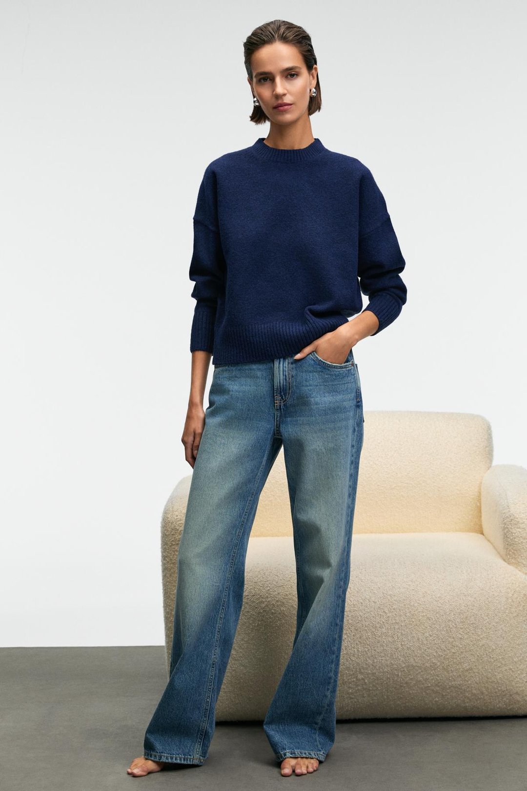 NANNA Kadın Oversize Fit Yumuşacık Kaşmir Tuşesinde Bisiklet yaka Kalın Triko Lacivert Kazak