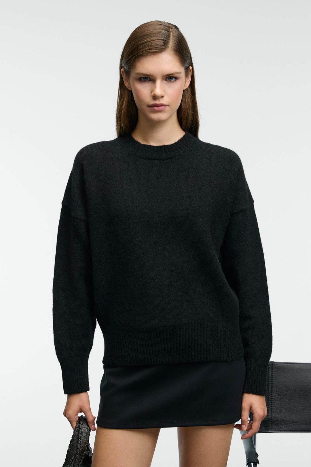 NANNA Kadın Oversize Fit Yumuşacık Kaşmir Tuşesinde Bisiklet yaka Kalın Triko Siyah Kazak