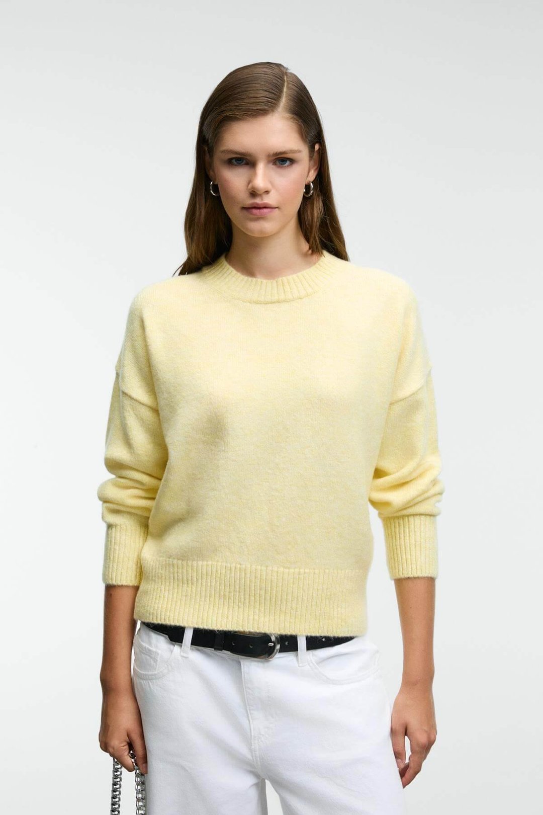 NANNA Kadın Oversize Fit Yumuşacık Kaşmir Tuşesinde Bisiklet yaka Kalın Triko Sarı Kazak