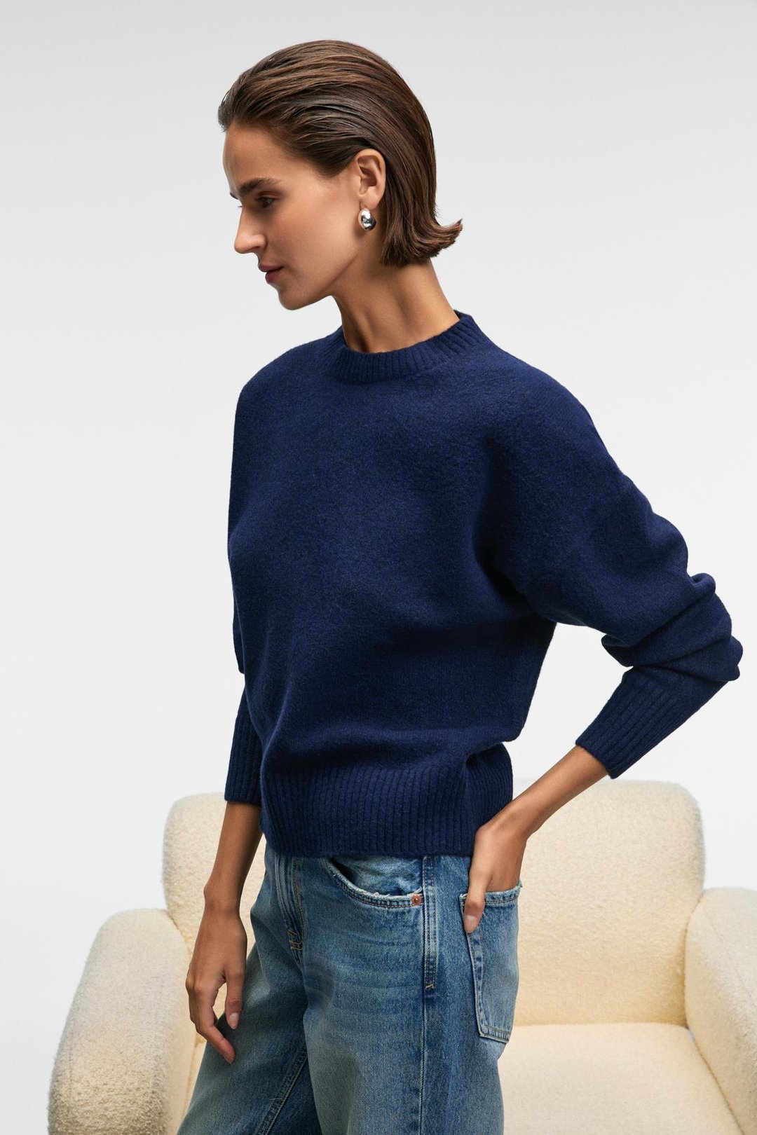 NANNA Kadın Oversize Fit Yumuşacık Kaşmir Tuşesinde Bisiklet yaka Kalın Triko Lacivert Kazak