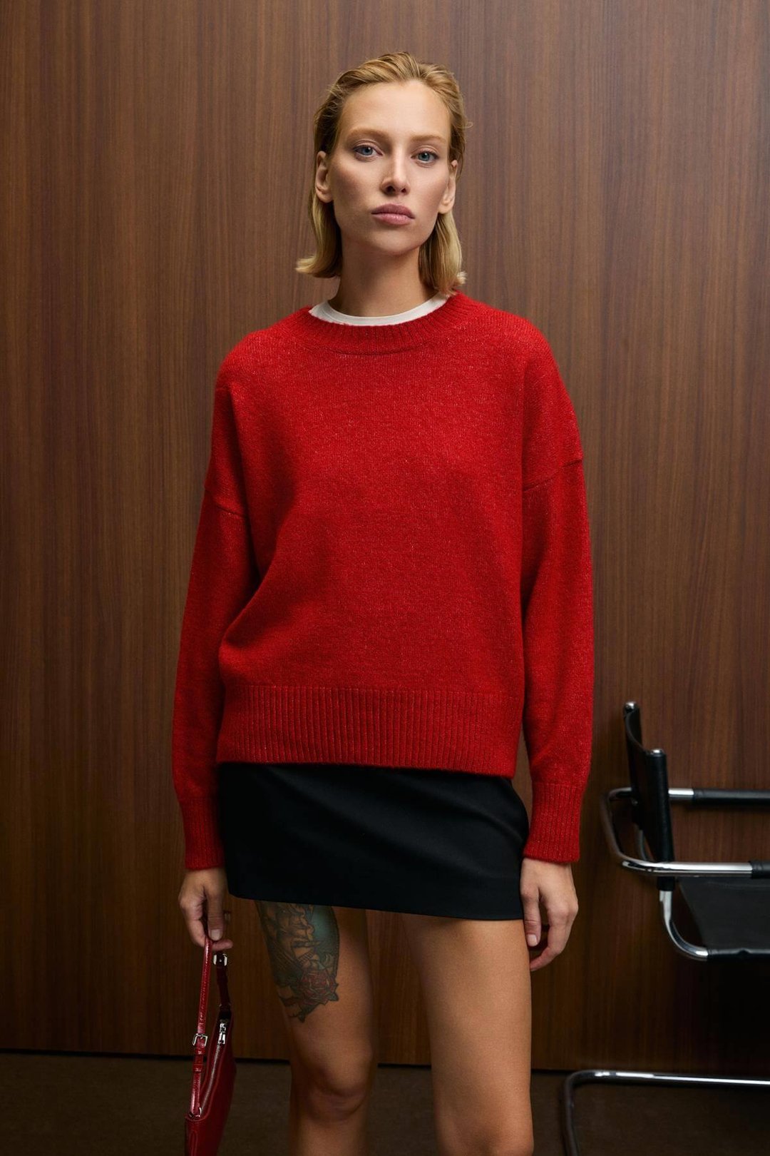 NANNA Kadın Oversize Fit Yumuşacık Kaşmir Tuşesinde Bisiklet yaka Kalın Triko Kırmızı Kazak