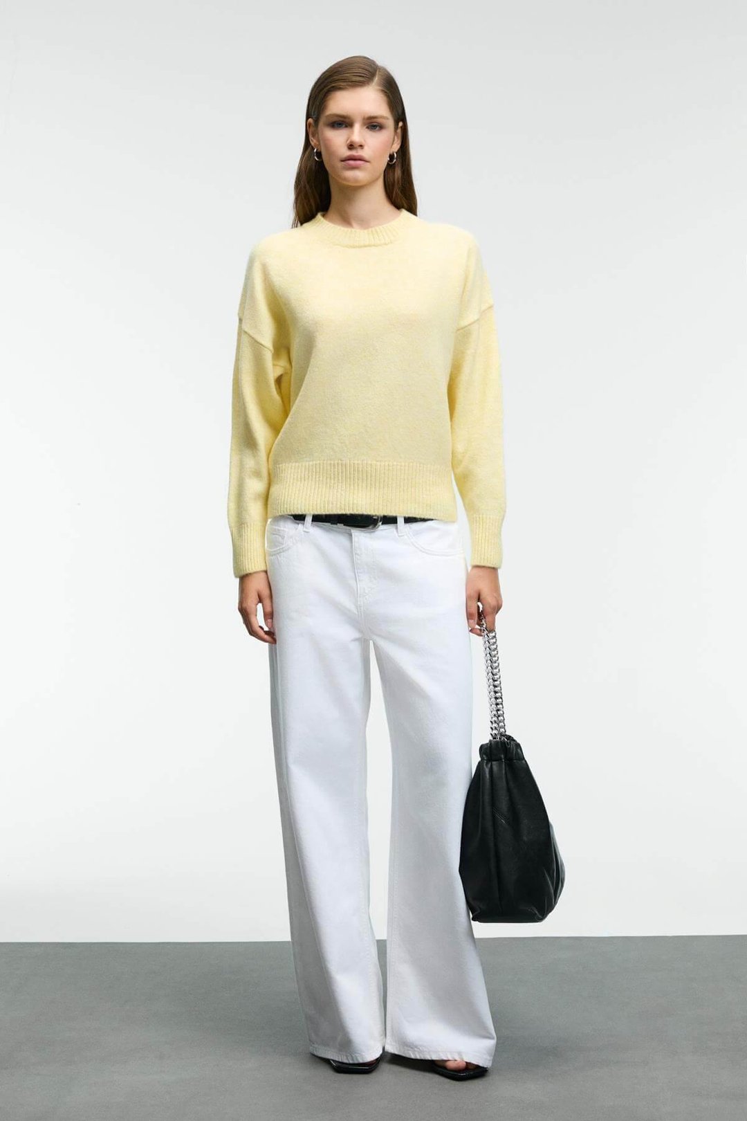 NANNA Kadın Oversize Fit Yumuşacık Kaşmir Tuşesinde Bisiklet yaka Kalın Triko Sarı Kazak