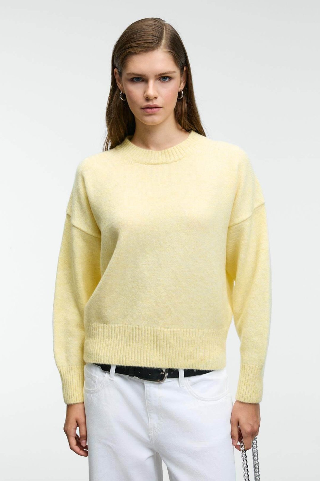 NANNA Kadın Oversize Fit Yumuşacık Kaşmir Tuşesinde Bisiklet yaka Kalın Triko Sarı Kazak