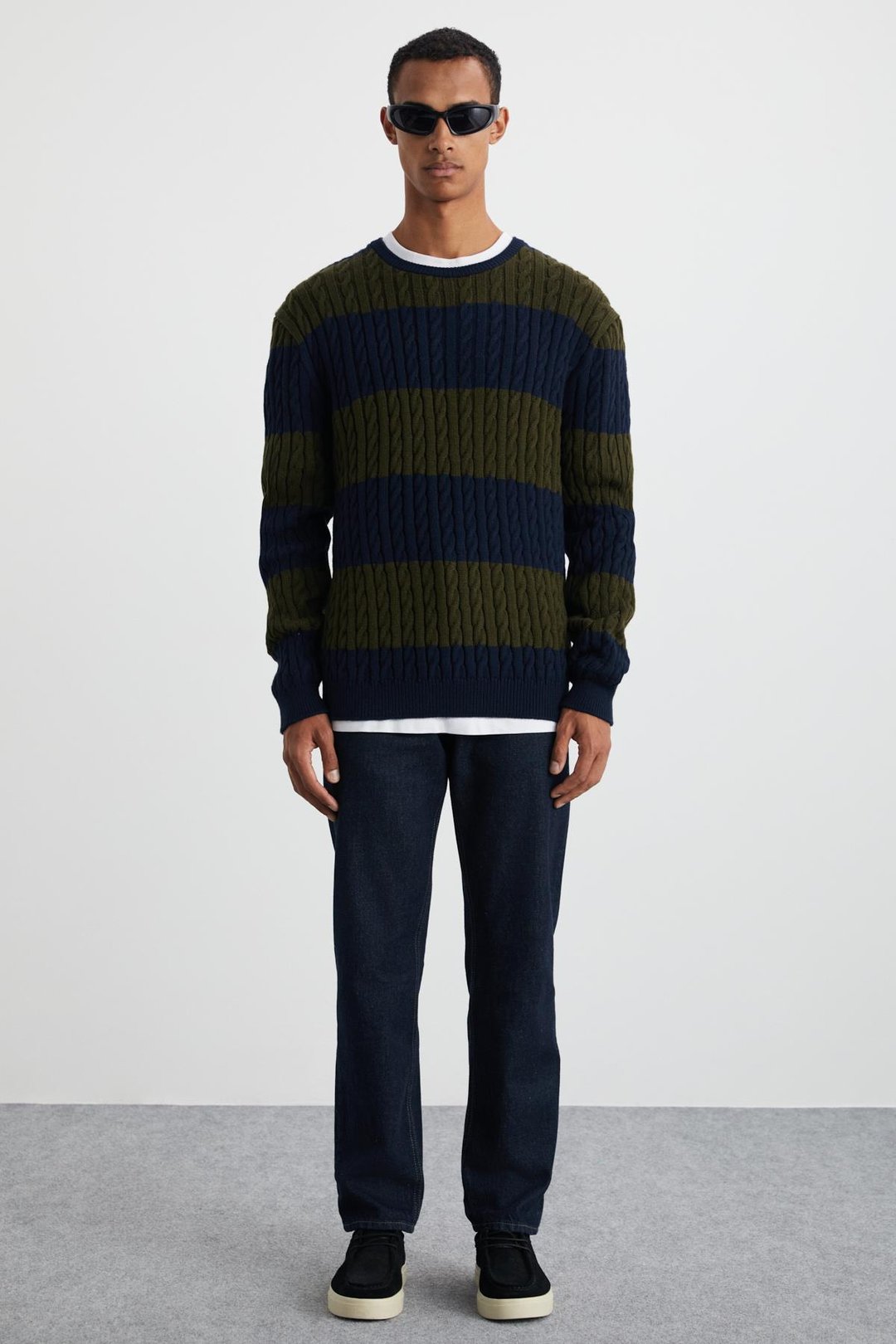 NARVIK Erkek Recyle Yumuşacık Bisiklet Yaka Saç Örgü Desenli Triko Lacivert-Yeşil Kazak