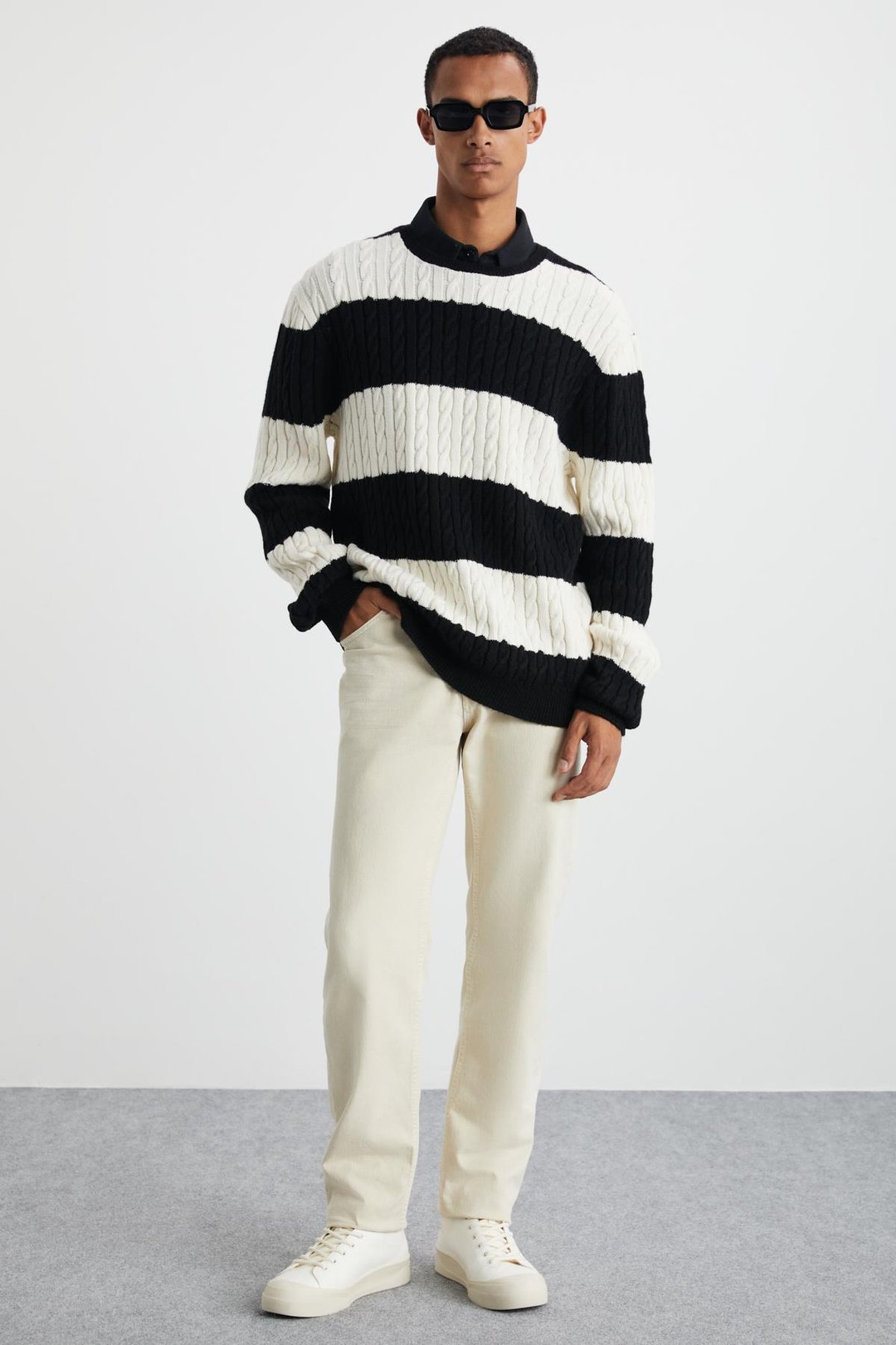 NARVIK Erkek Recyle Yumuşacık Bisiklet Yaka Saç Örgü Desenli Triko Siyah-Ekru Kazak