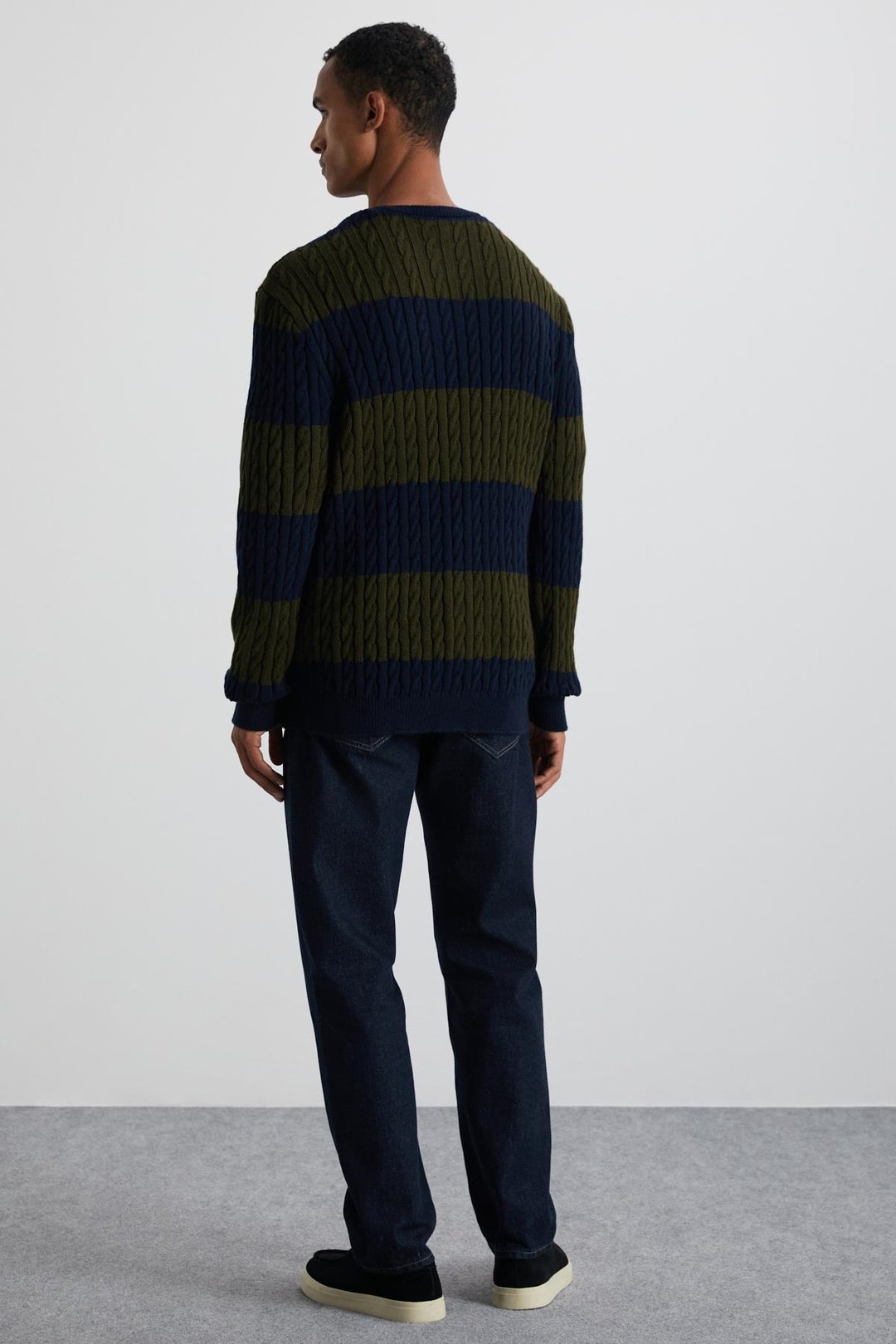 NARVIK Erkek Recyle Yumuşacık Bisiklet Yaka Saç Örgü Desenli Triko Lacivert-Yeşil Kazak