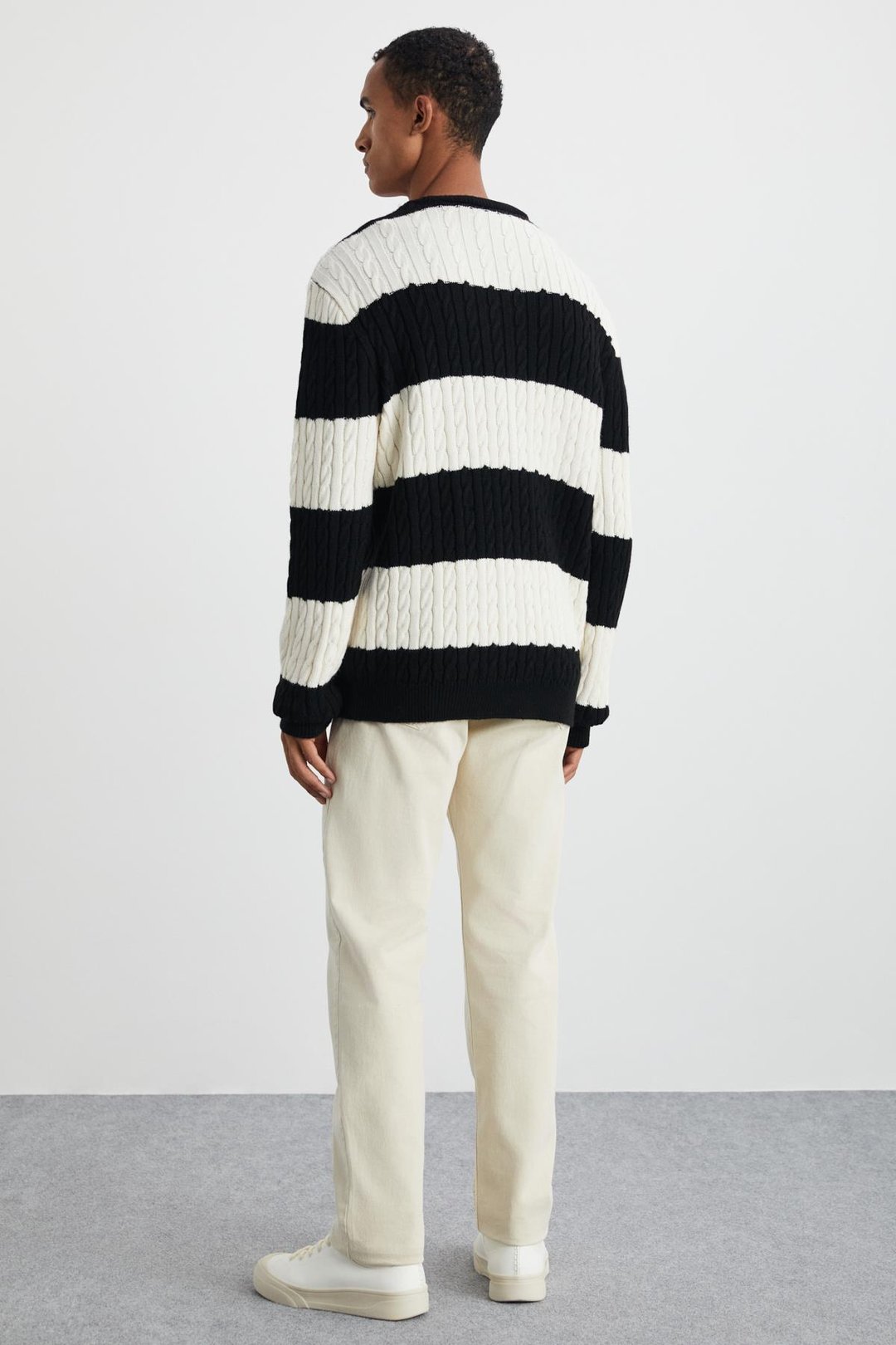 NARVIK Erkek Recyle Yumuşacık Bisiklet Yaka Saç Örgü Desenli Triko Siyah-Ekru Kazak