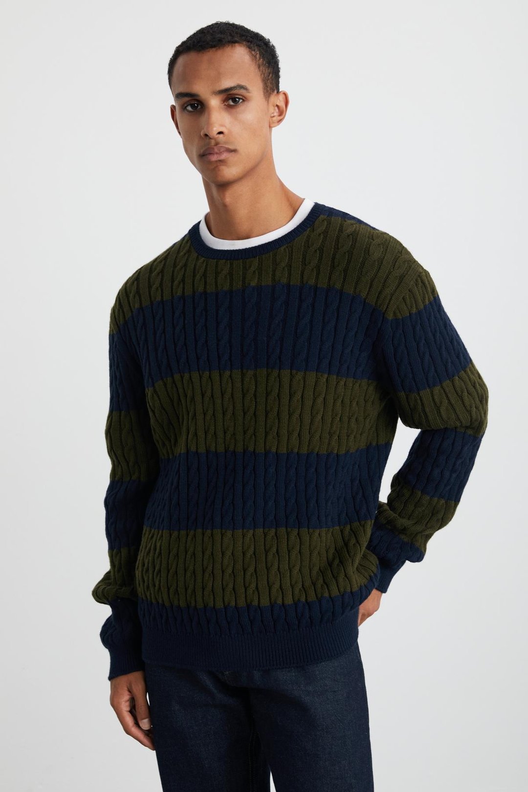 NARVIK Erkek Recyle Yumuşacık Bisiklet Yaka Saç Örgü Desenli Triko Lacivert-Yeşil Kazak