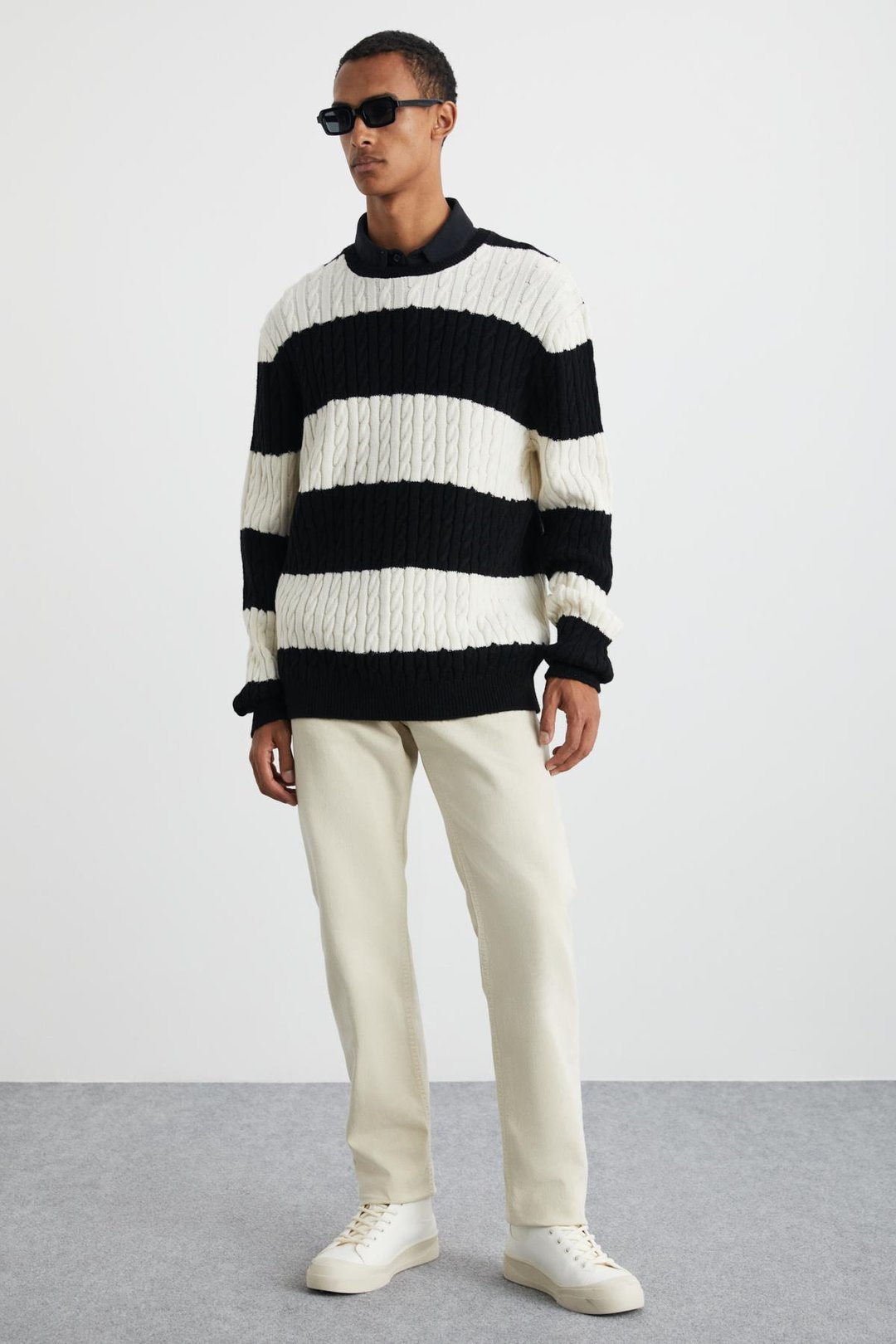 NARVIK Erkek Recyle Yumuşacık Bisiklet Yaka Saç Örgü Desenli Triko Siyah-Ekru Kazak