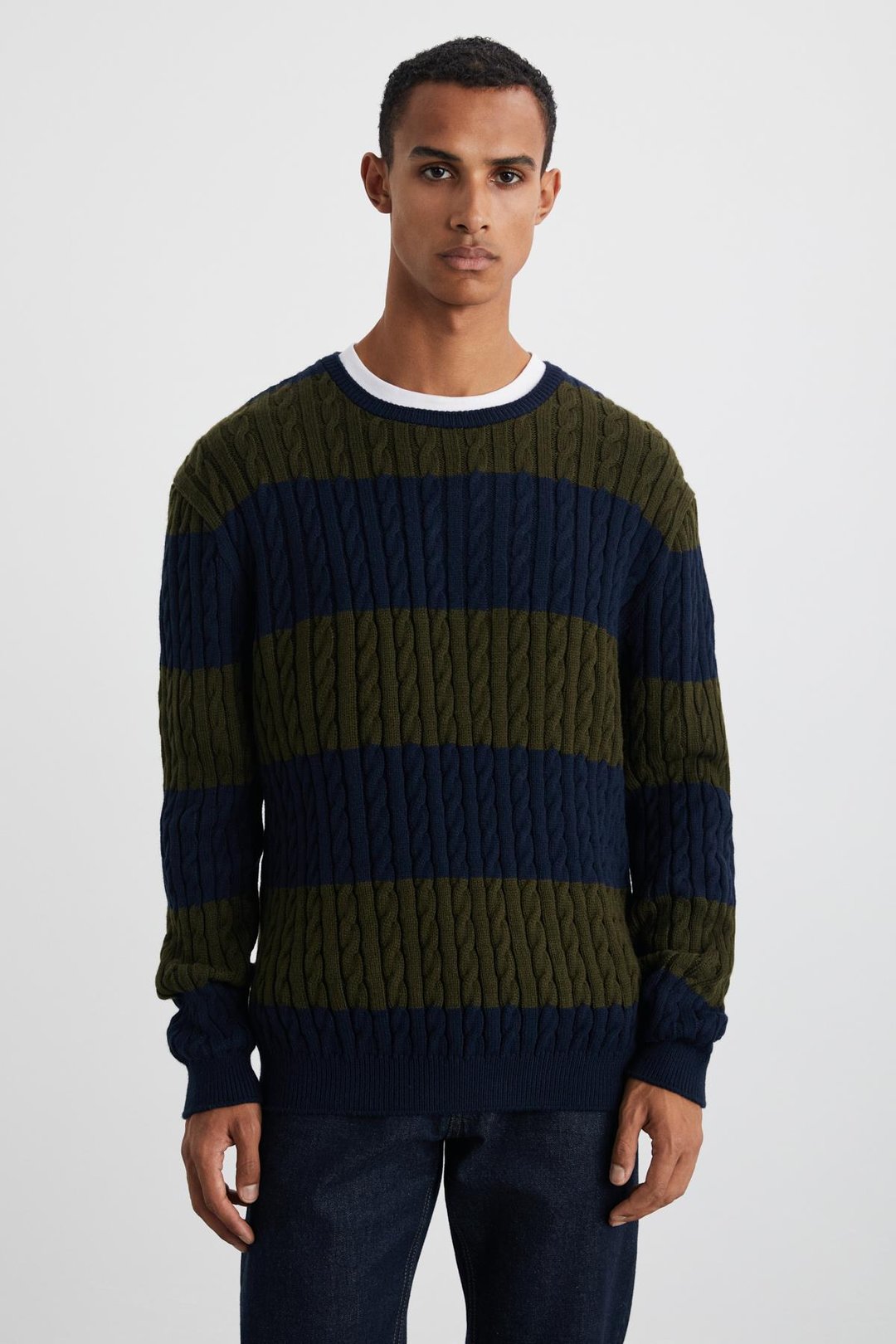 NARVIK Erkek Recyle Yumuşacık Bisiklet Yaka Saç Örgü Desenli Triko Lacivert-Yeşil Kazak