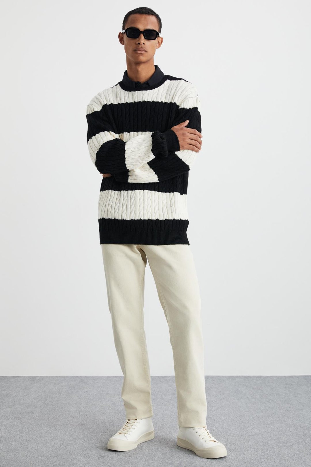 NARVIK Erkek Recyle Yumuşacık Bisiklet Yaka Saç Örgü Desenli Triko Siyah-Ekru Kazak