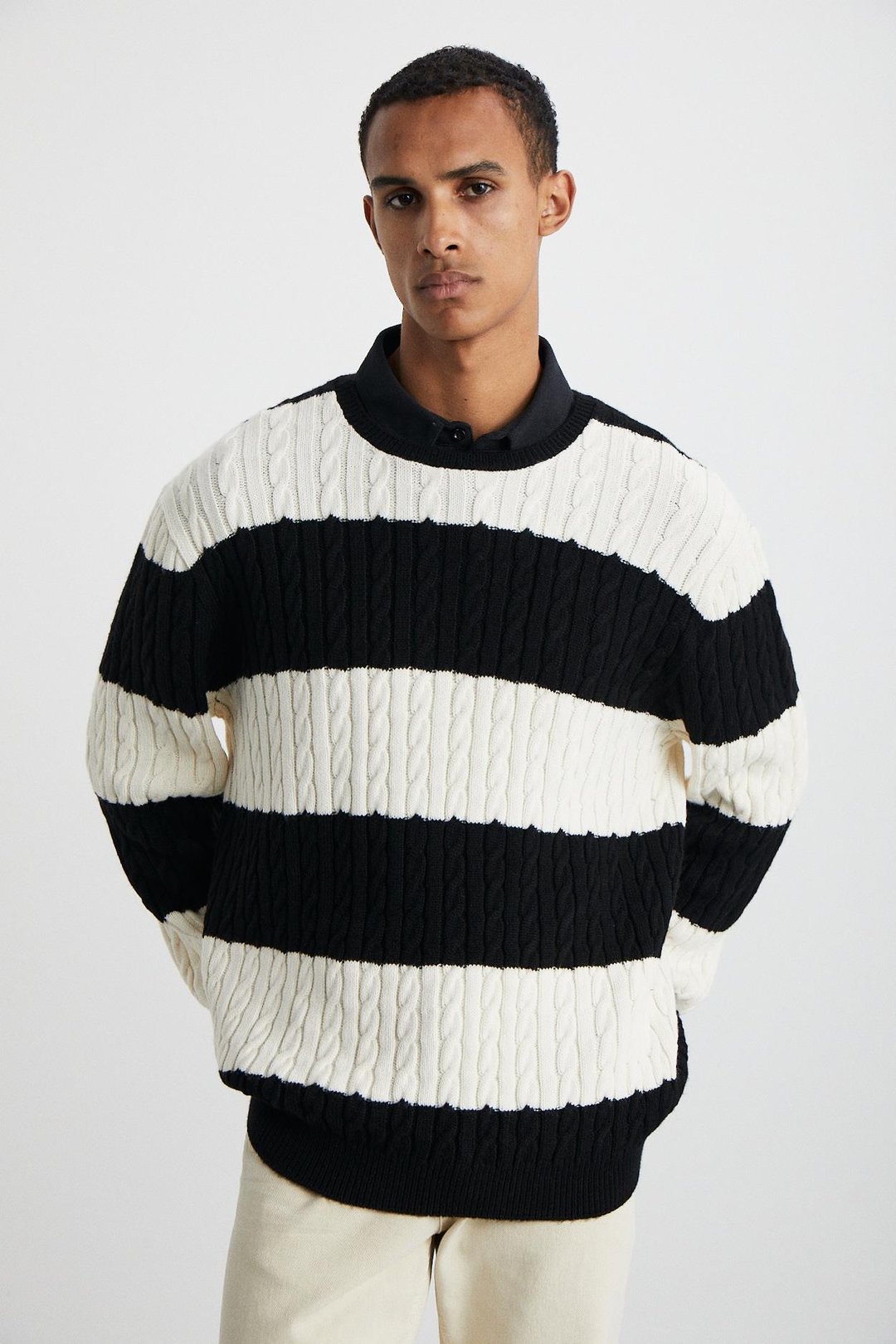 NARVIK Erkek Recyle Yumuşacık Bisiklet Yaka Saç Örgü Desenli Triko Siyah-Ekru Kazak