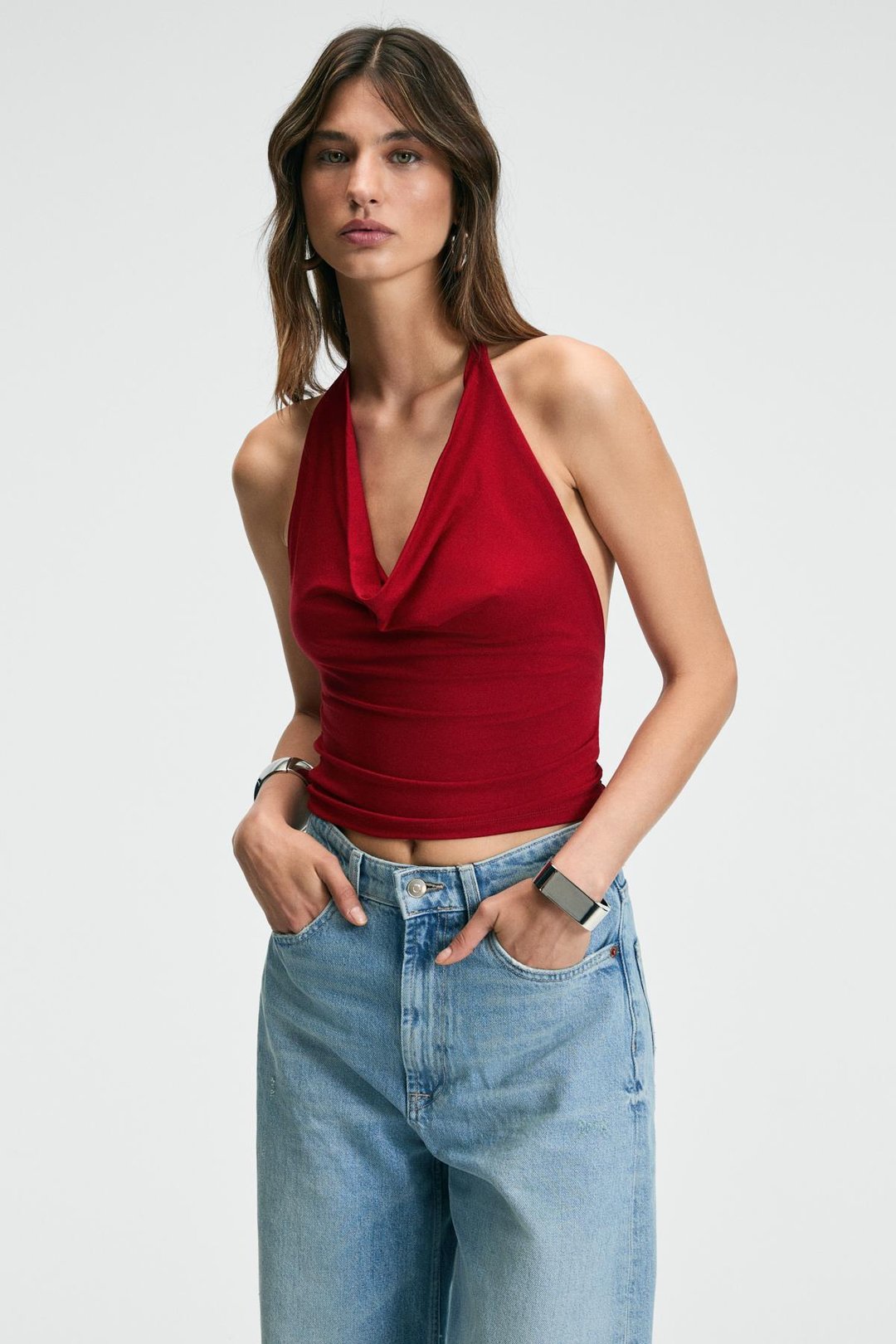 NESLIVA Kadın Degaje Halter Yaka Kalın Askılı Sırtı Açık Crop Kırmızı Bluz