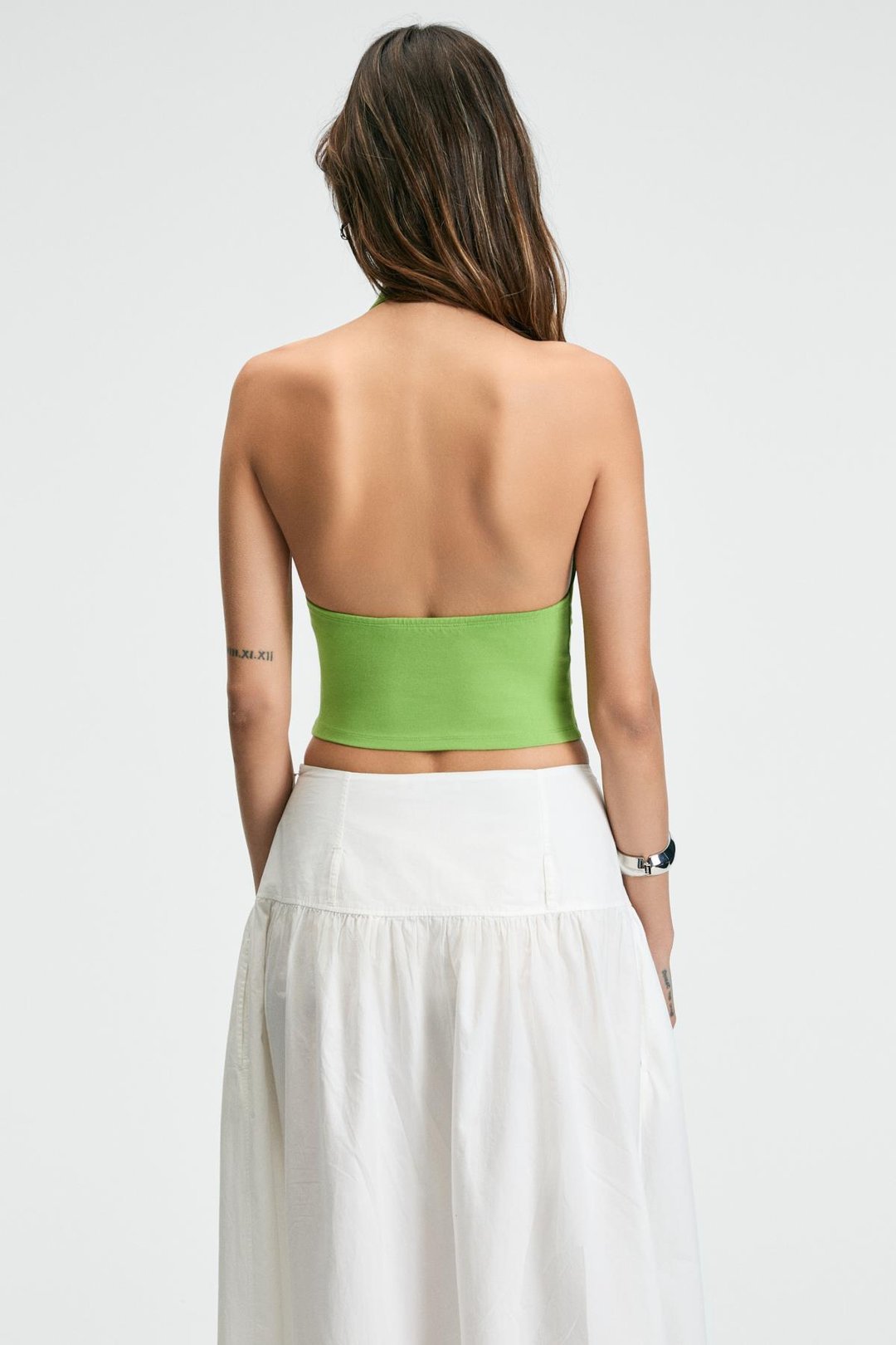 NESLIVA Kadın Degaje Halter Yaka Kalın Askılı Sırtı Açık Crop Yeşil Bluz