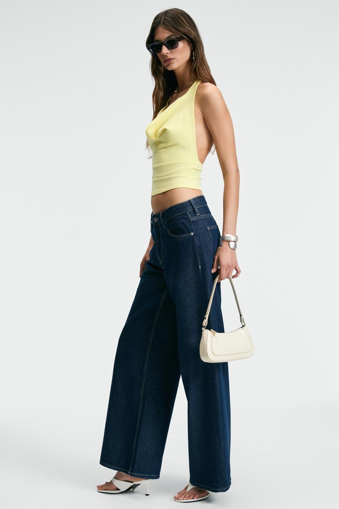 NESLIVA Kadın Degaje Halter Yaka Kalın Askılı Sırtı Açık Crop Sarı Bluz