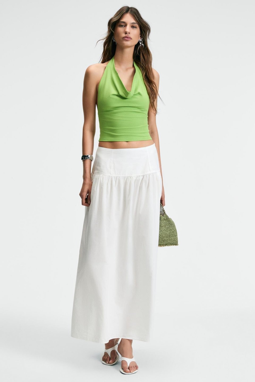 NESLIVA Kadın Degaje Halter Yaka Kalın Askılı Sırtı Açık Crop Yeşil Bluz