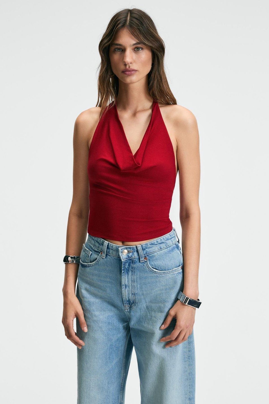 NESLIVA Kadın Degaje Halter Yaka Kalın Askılı Sırtı Açık Crop Kırmızı Bluz