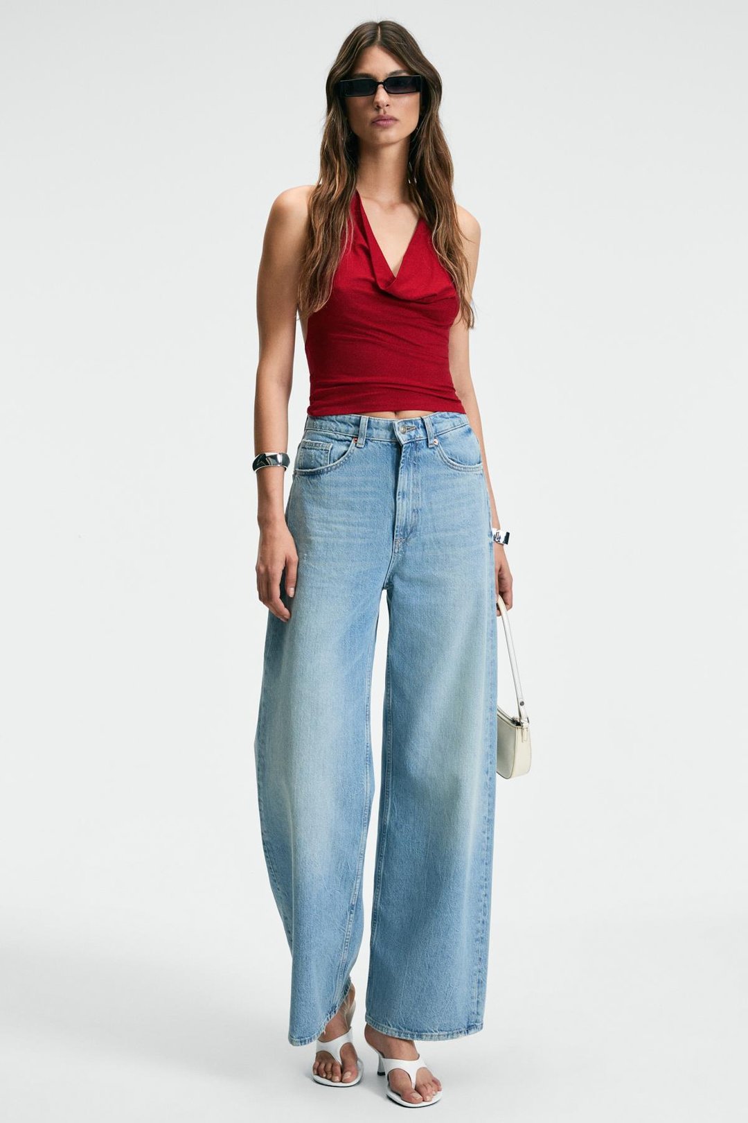 NESLIVA Kadın Degaje Halter Yaka Kalın Askılı Sırtı Açık Crop Kırmızı Bluz