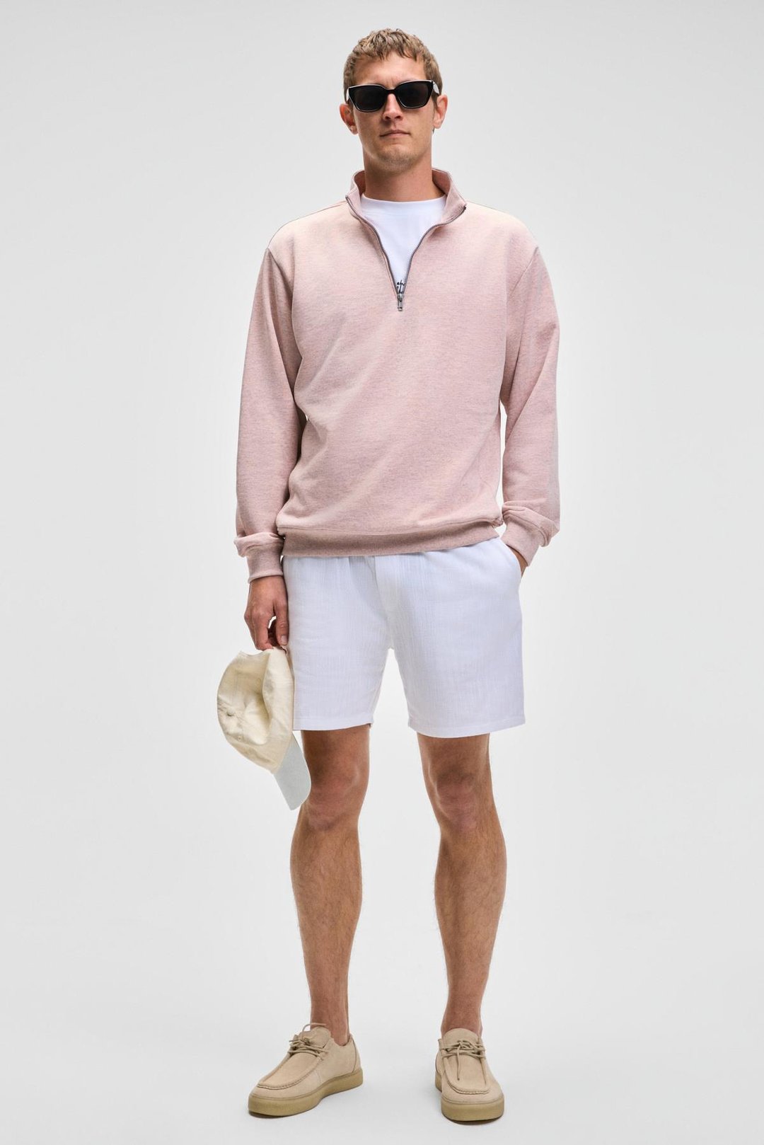 NESTOR Erkek Relaxed Fit Dik Yakalı Yarım Fermuarlı Uzun Kollu Pembe Melanj Sweatshirt