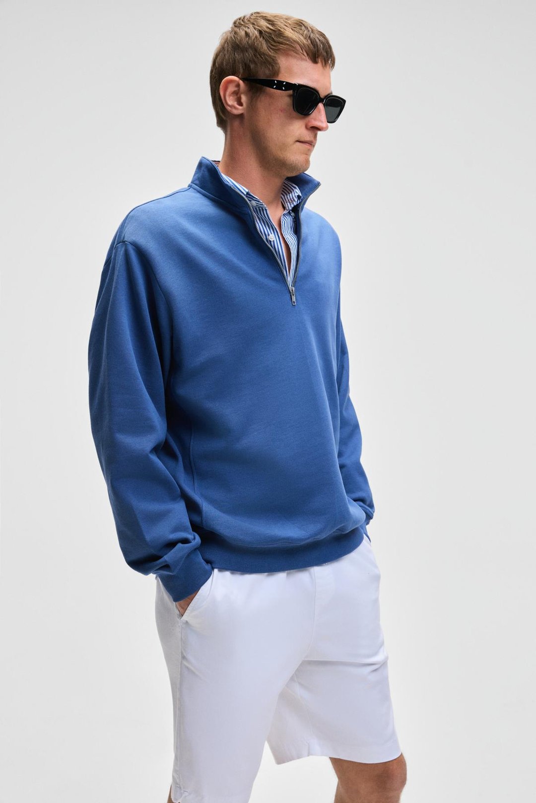 NESTOR Erkek Relaxed Fit Dik Yakalı Yarım Fermuarlı Uzun Kollu Mavi Sweatshirt