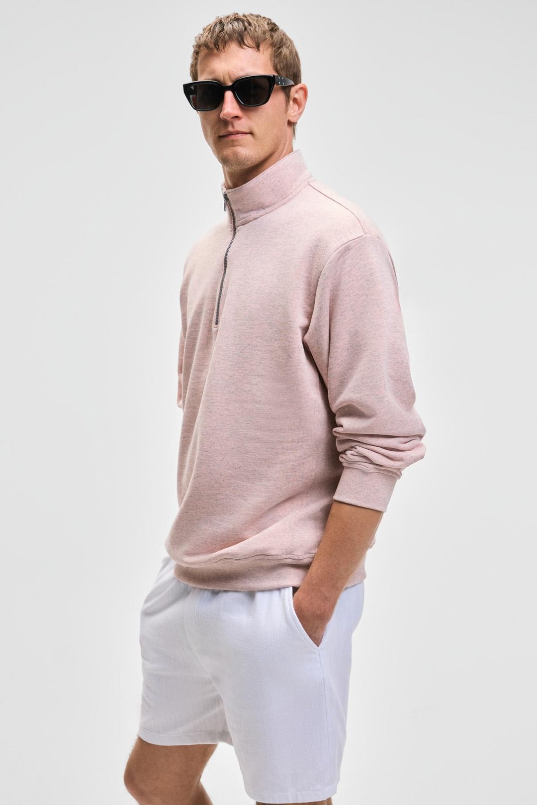 NESTOR Erkek Relaxed Fit Dik Yakalı Yarım Fermuarlı Uzun Kollu Pembe Melanj Sweatshirt