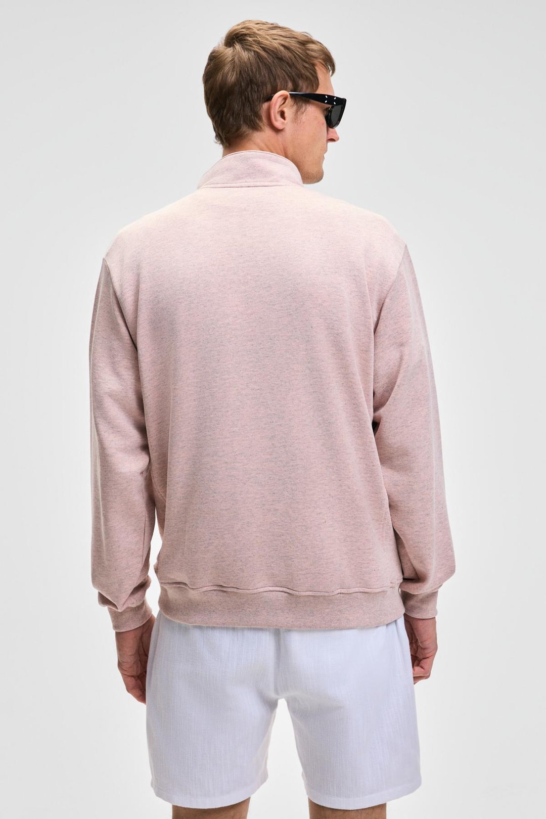 NESTOR Erkek Relaxed Fit Dik Yakalı Yarım Fermuarlı Uzun Kollu Pembe Melanj Sweatshirt