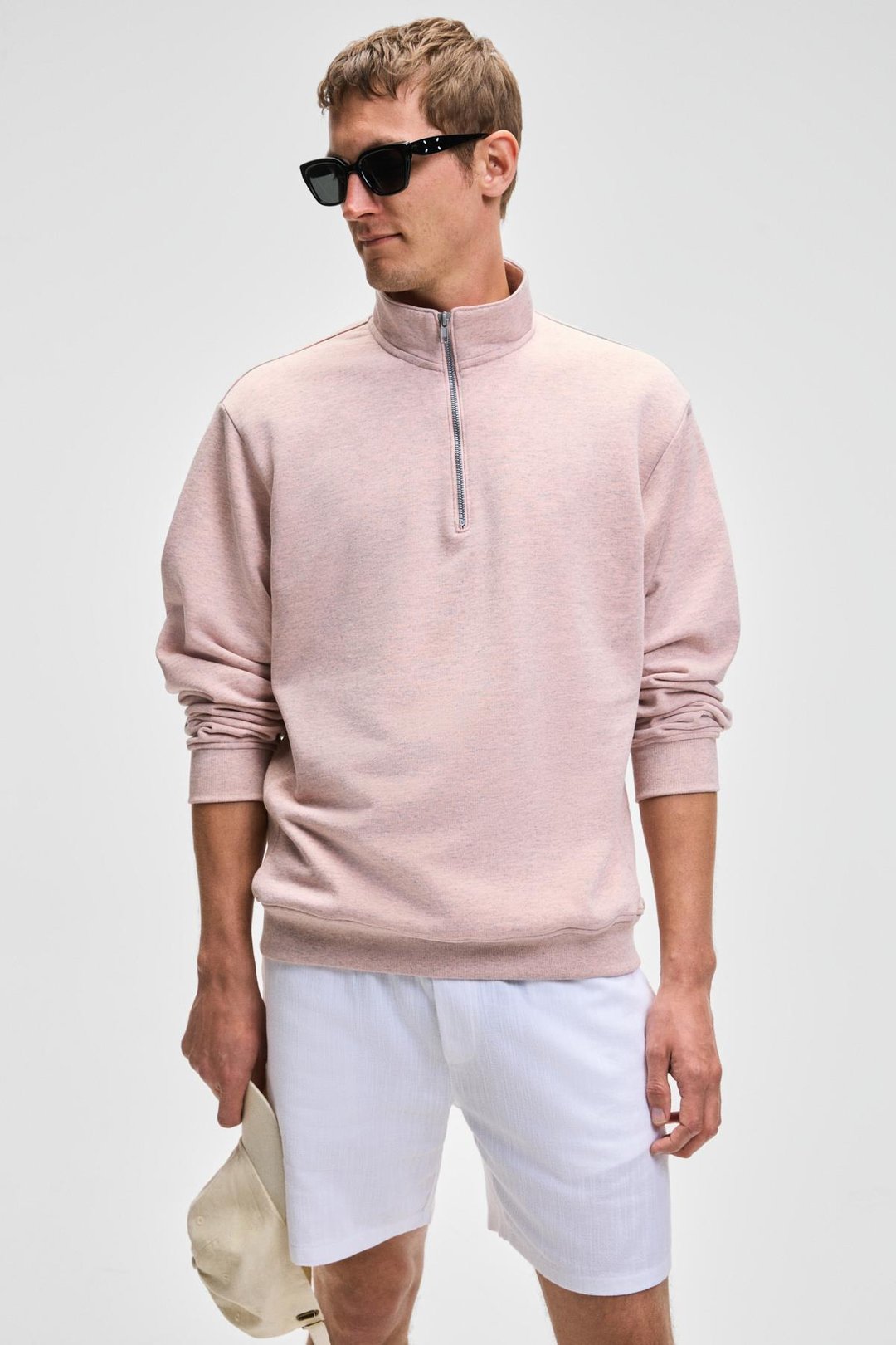 NESTOR Erkek Relaxed Fit Dik Yakalı Yarım Fermuarlı Uzun Kollu Pembe Melanj Sweatshirt
