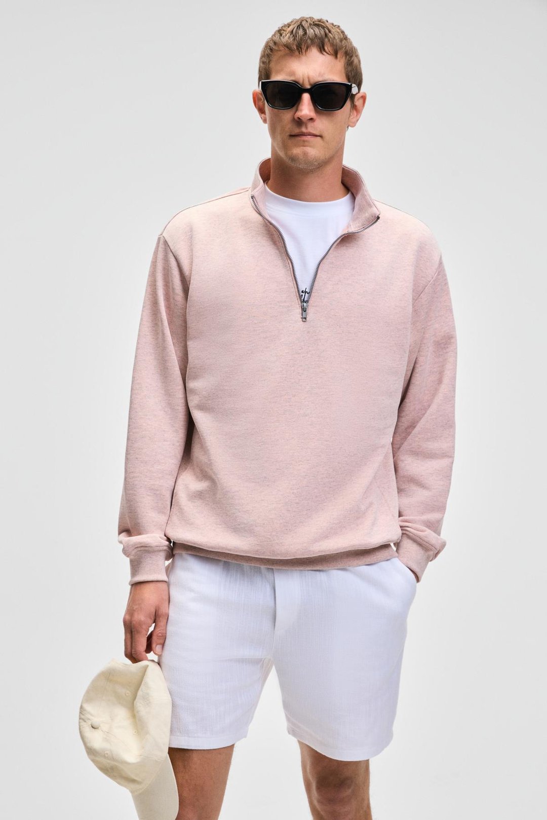 NESTOR Erkek Relaxed Fit Dik Yakalı Yarım Fermuarlı Uzun Kollu Pembe Melanj Sweatshirt