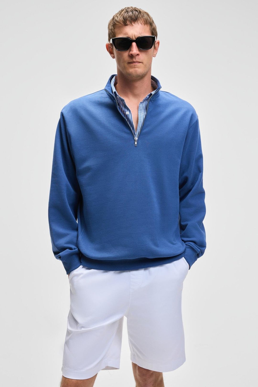 NESTOR Erkek Relaxed Fit Dik Yakalı Yarım Fermuarlı Uzun Kollu Mavi Sweatshirt