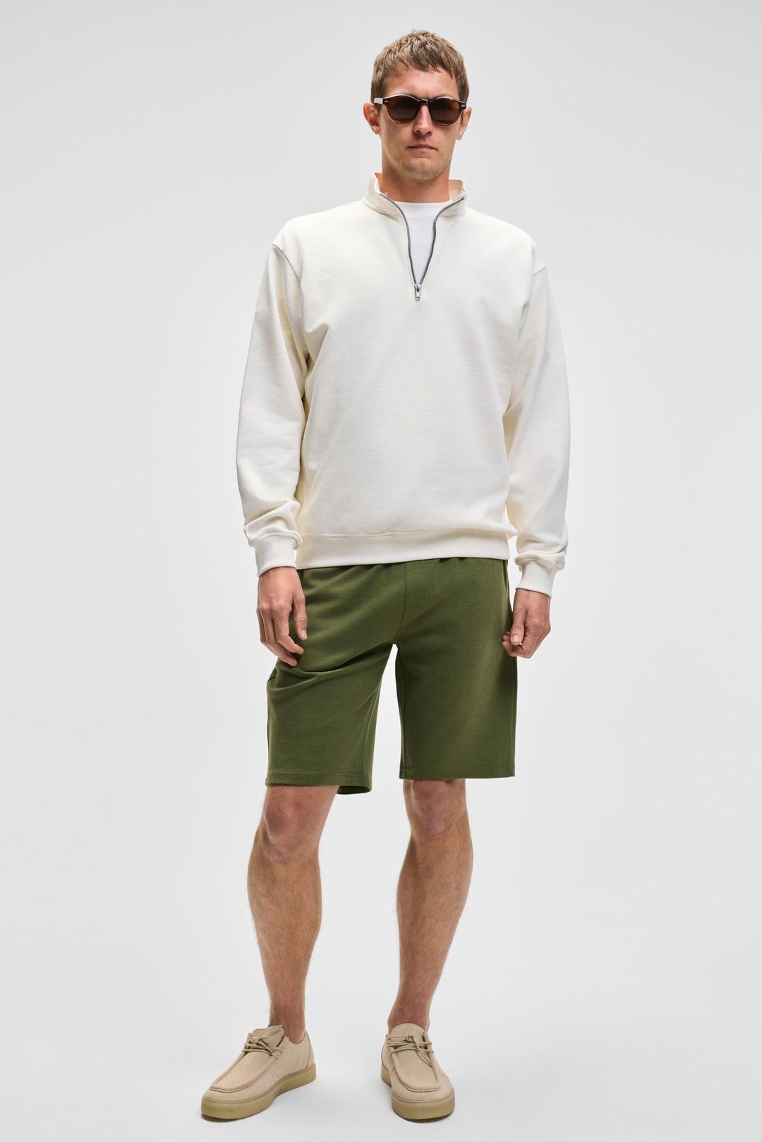 NESTOR Erkek Relaxed Fit Dik Yakalı Yarım Fermuarlı Uzun Kollu Ekru Sweatshirt