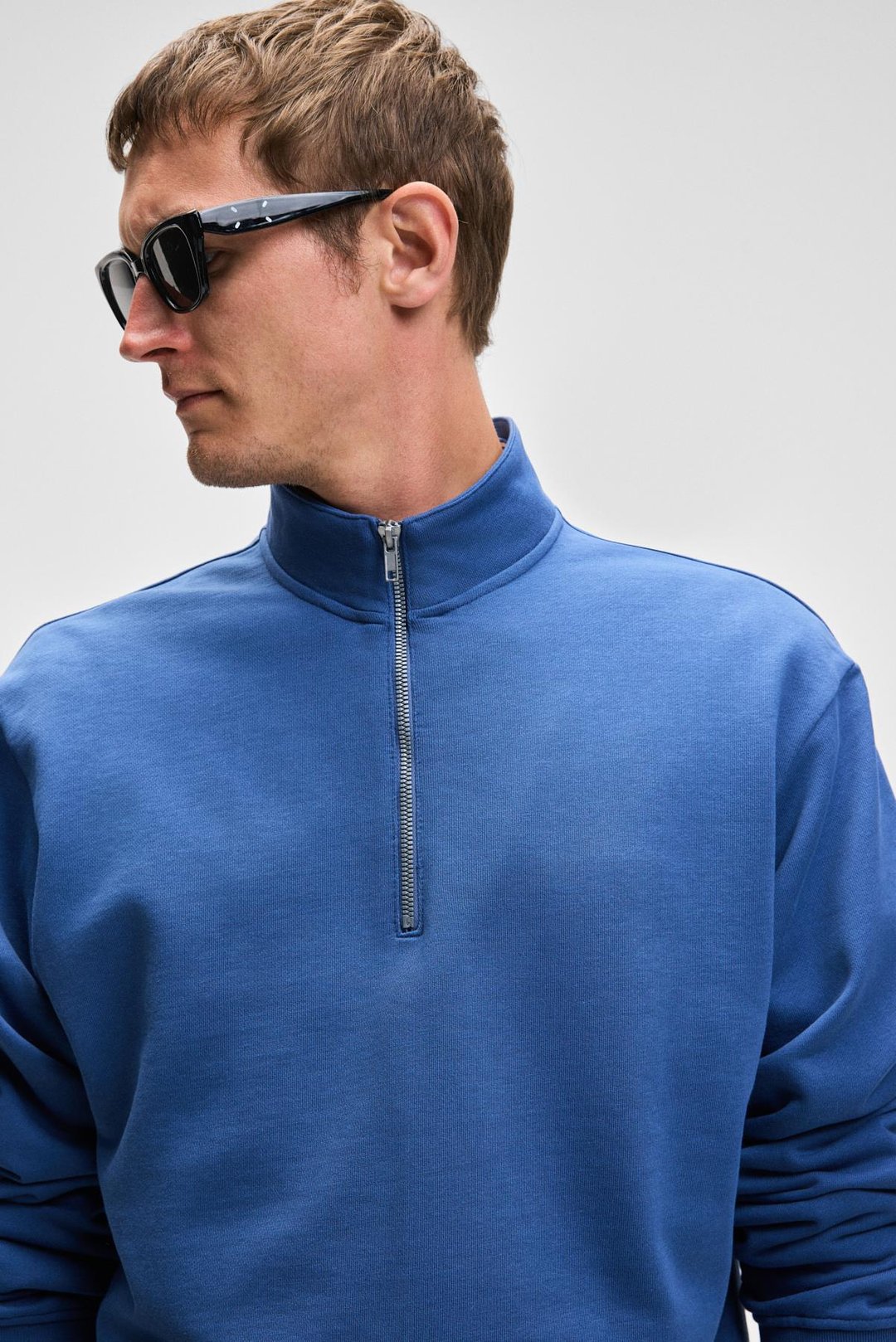 NESTOR Erkek Relaxed Fit Dik Yakalı Yarım Fermuarlı Uzun Kollu Mavi Sweatshirt