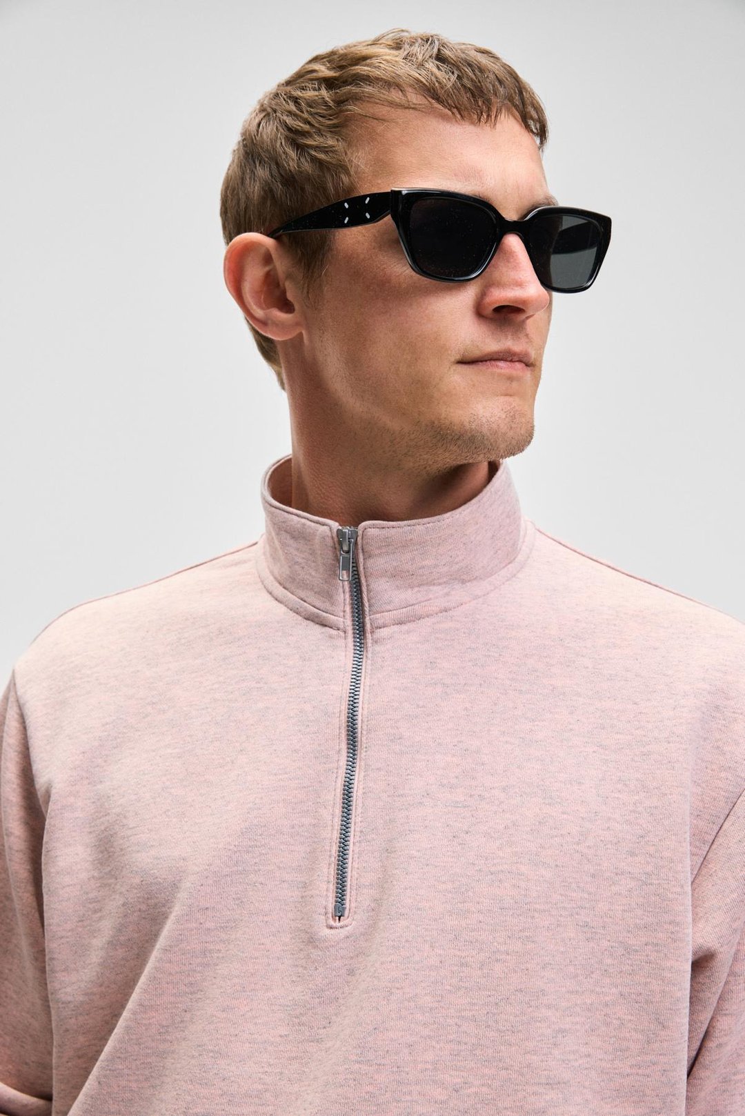 NESTOR Erkek Relaxed Fit Dik Yakalı Yarım Fermuarlı Uzun Kollu Pembe Melanj Sweatshirt