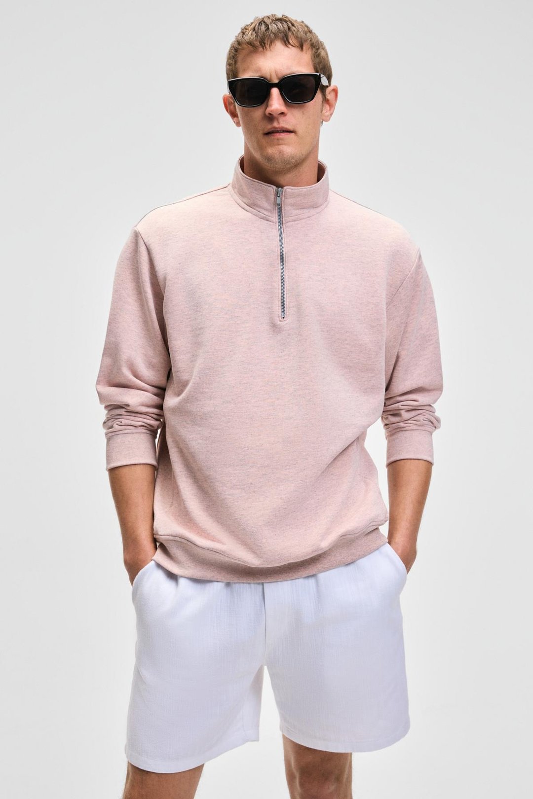 NESTOR Erkek Relaxed Fit Dik Yakalı Yarım Fermuarlı Uzun Kollu Pembe Melanj Sweatshirt