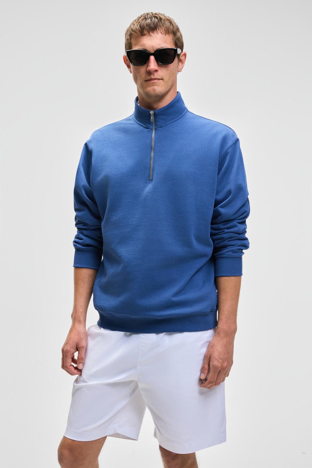 NESTOR Erkek Relaxed Fit Dik Yakalı Yarım Fermuarlı Uzun Kollu Mavi Sweatshirt