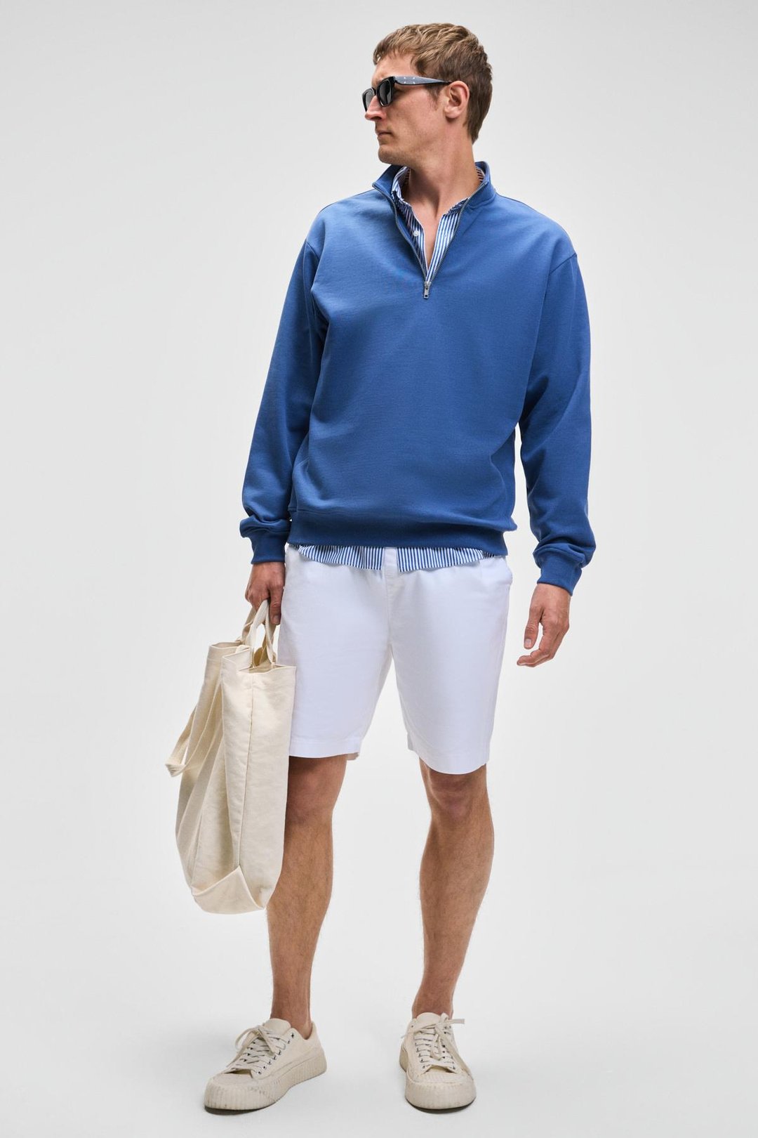 NESTOR Erkek Relaxed Fit Dik Yakalı Yarım Fermuarlı Uzun Kollu Mavi Sweatshirt