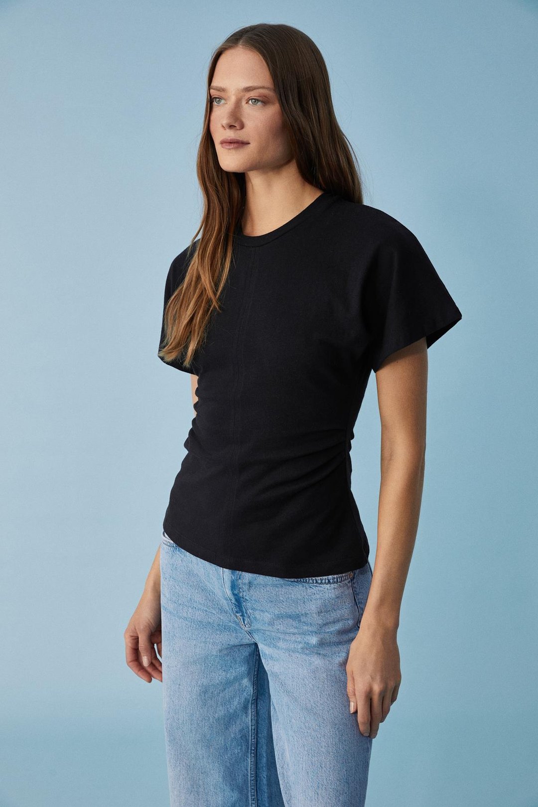 NEXUS Kadın Regular Bisiklet Yaka Büzgü Siyah T-Shirt