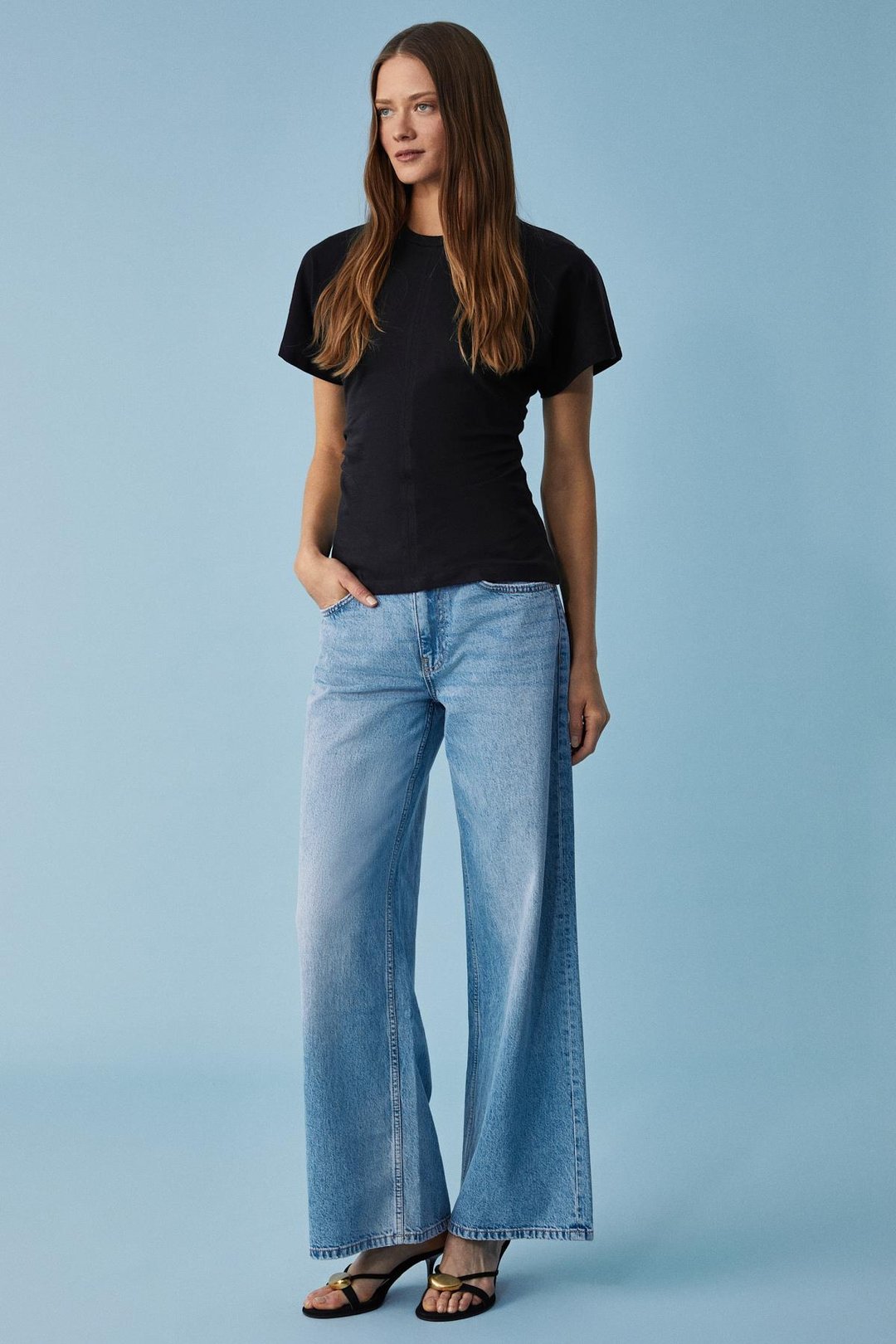 NEXUS Kadın Regular Bisiklet Yaka Büzgü Siyah T-Shirt